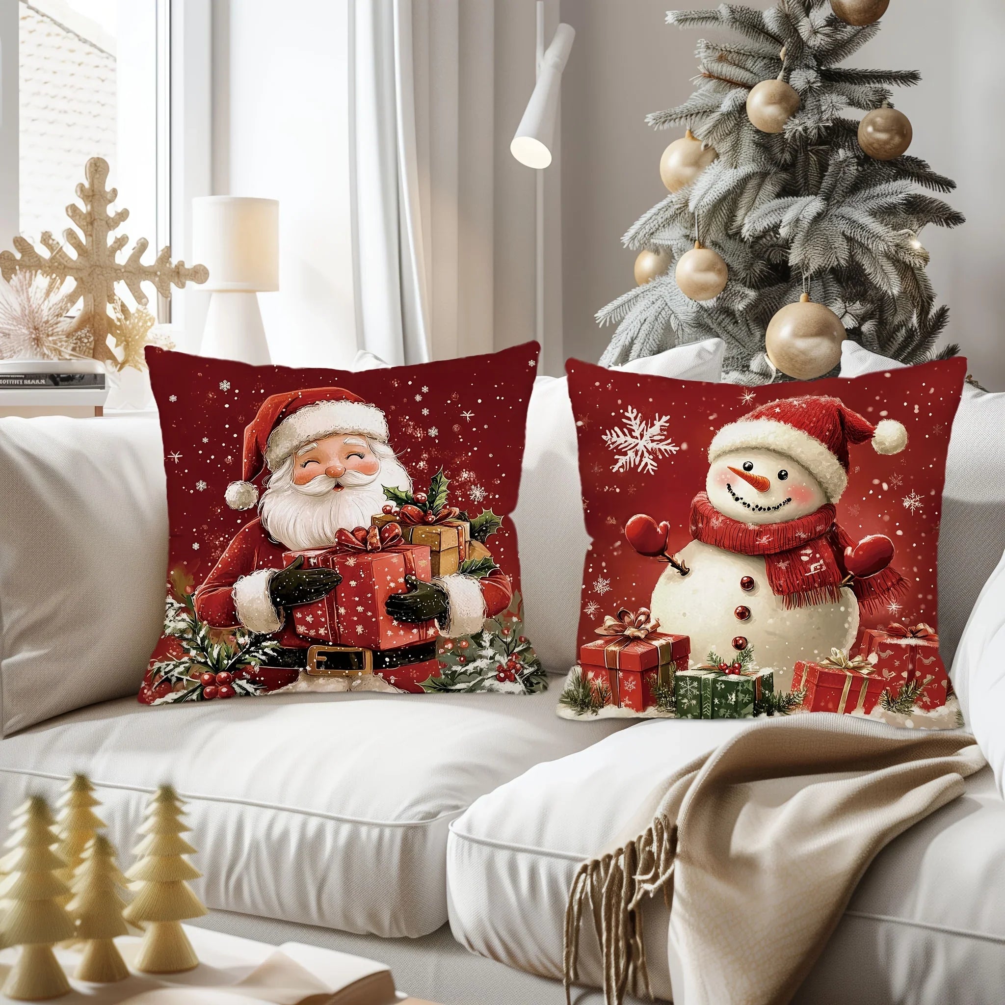 Cotton Throw Pillow Covers, Zipper Closure, 45.72x45.72 Cm, Retro Christmas Designs - House Of Avana