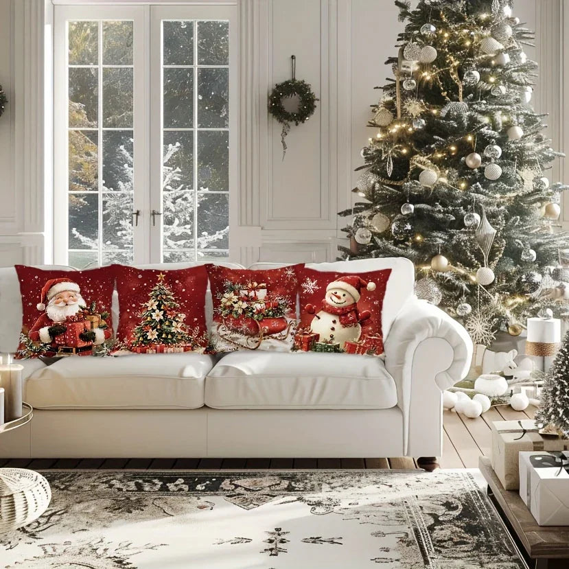 Cotton Throw Pillow Covers, Zipper Closure, 45.72x45.72 Cm, Retro Christmas Designs - House Of Avana