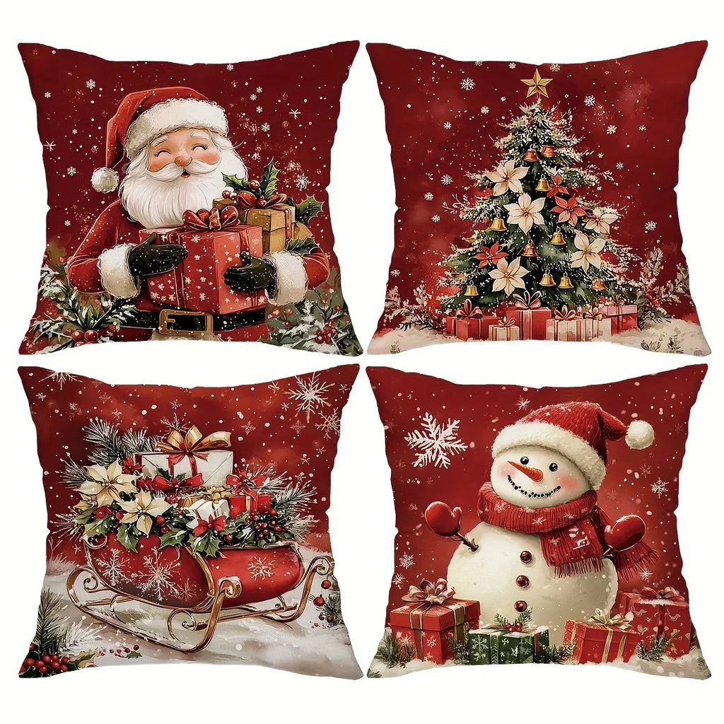 Cotton Throw Pillow Covers, Zipper Closure, 45.72x45.72 Cm, Retro Christmas Designs - House Of Avana