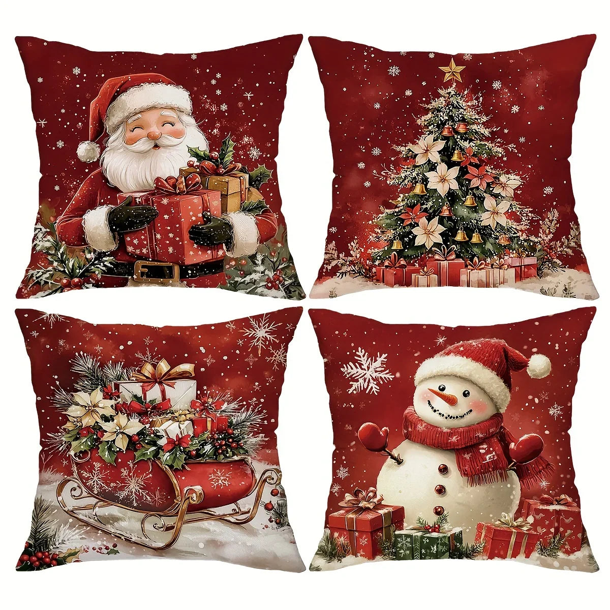 Cotton Throw Pillow Covers, Zipper Closure, 45.72x45.72 Cm, Retro Christmas Designs - House Of Avana