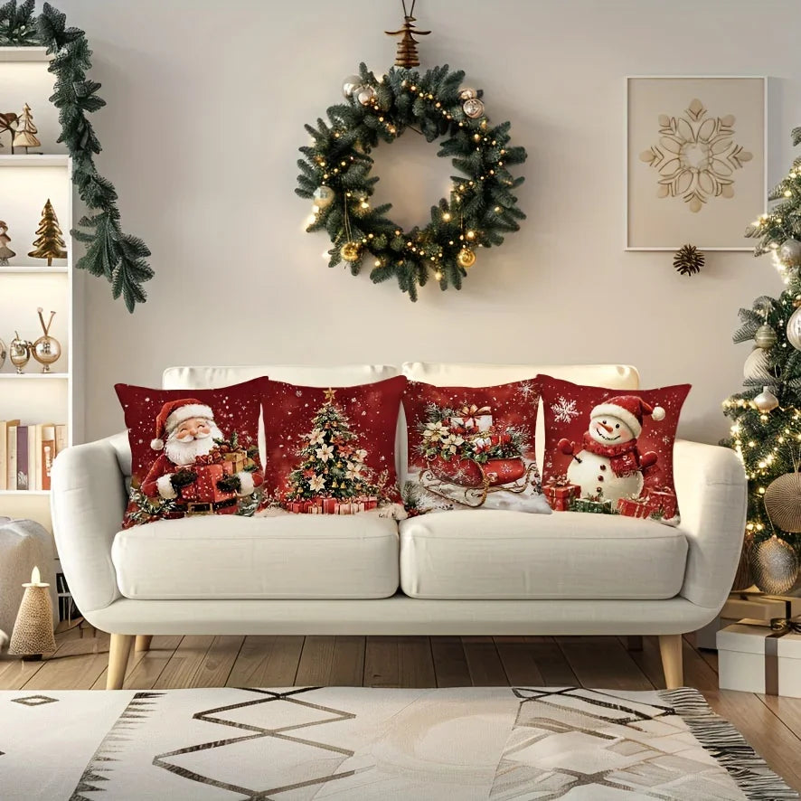 Cotton Throw Pillow Covers, Zipper Closure, 45.72x45.72 Cm, Retro Christmas Designs - House Of Avana