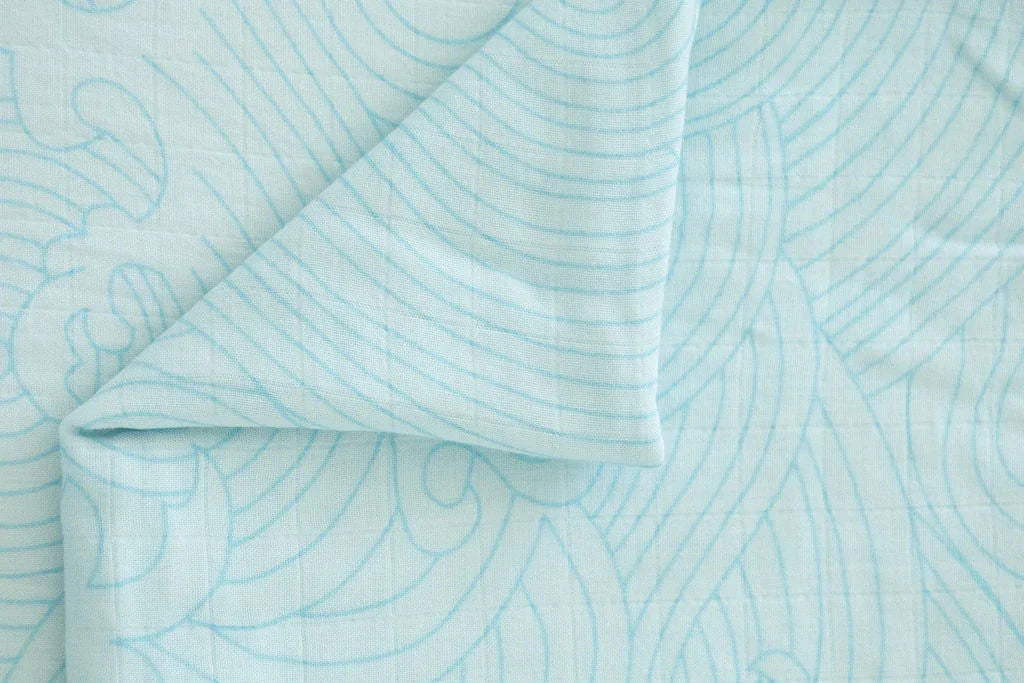 Organic Bamboo Cotton Muslin Swaddle Blanket in Crashing Sea Waves Cradle Comforts Co.