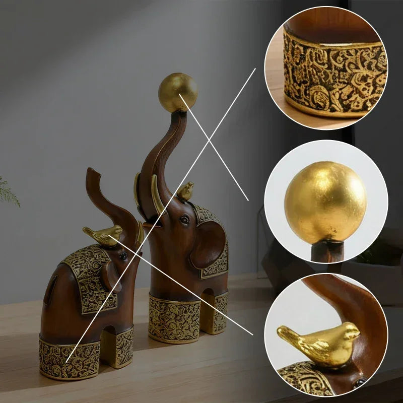 Creative Wood Grain Elephant Figurine Set | Animal Sculpture | angle view | Traditional home decor | House of Avana