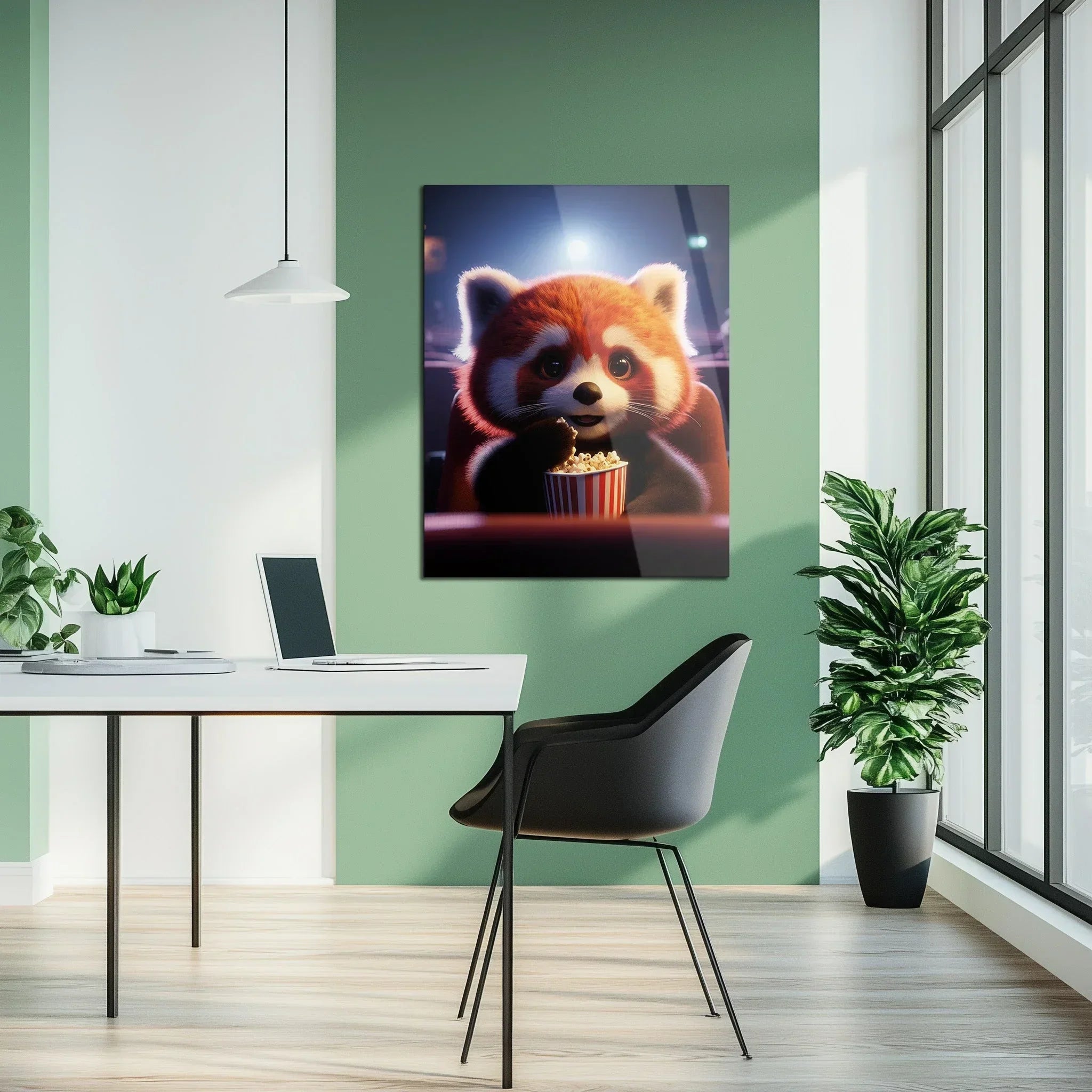 Cute Red Panda at the Movies Glass Wall Art – Whimsical UV Print Design-KAFCD028 Peony Atelier