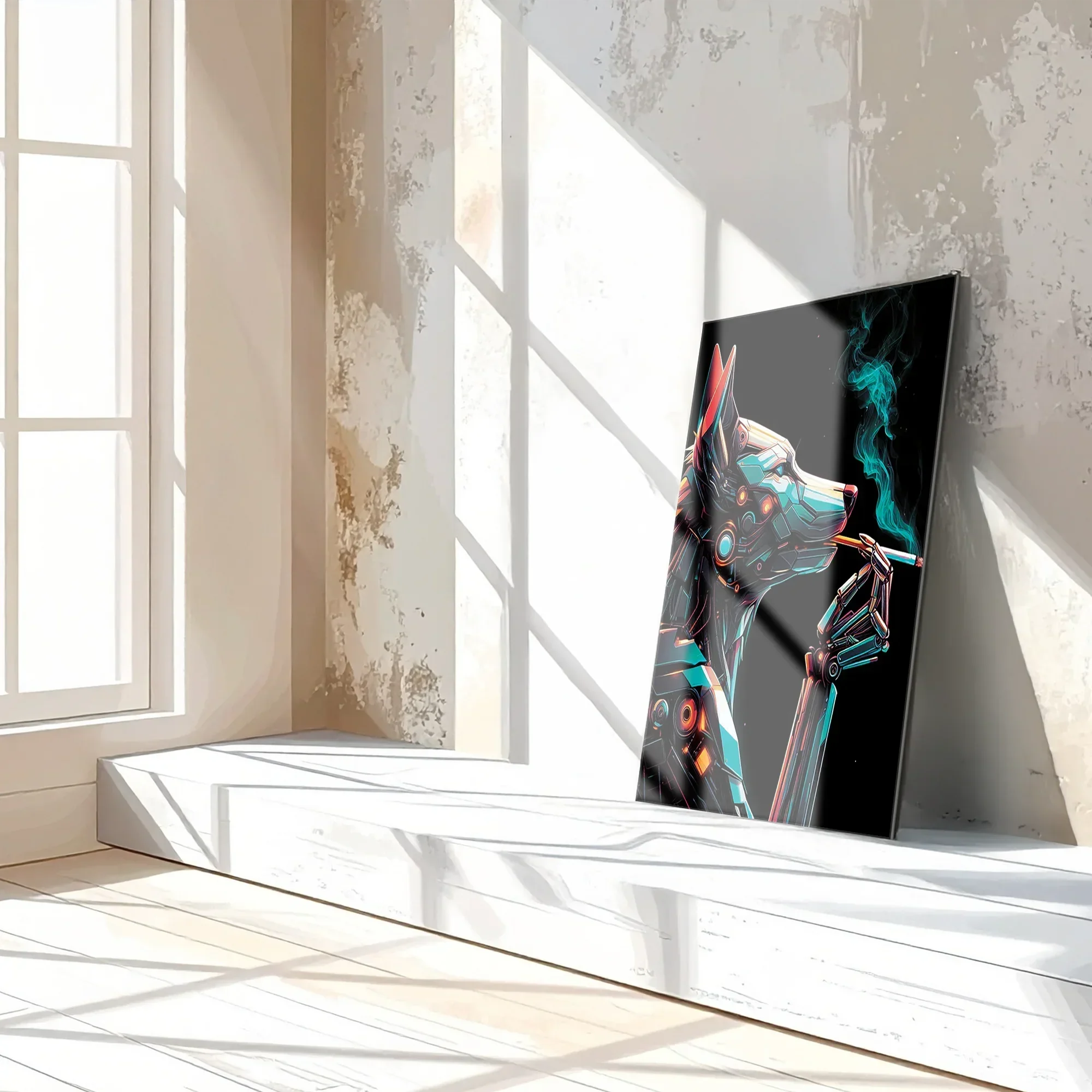 Cybernetic Canine Smoking Portrait – Futuristic Neon Dog UV Glass Wall Art-KAFCD078 Peony Atelier