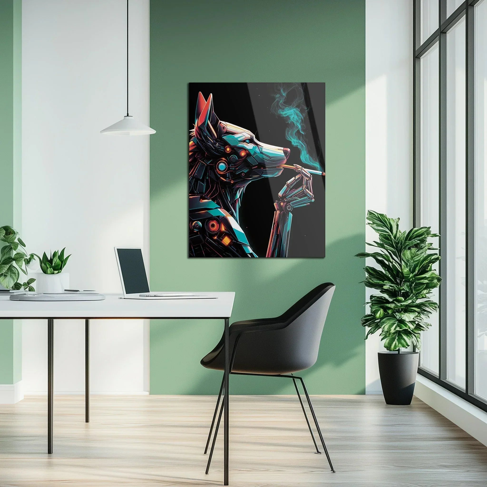 Cybernetic Canine Smoking Portrait – Futuristic Neon Dog UV Glass Wall Art-KAFCD078 Peony Atelier