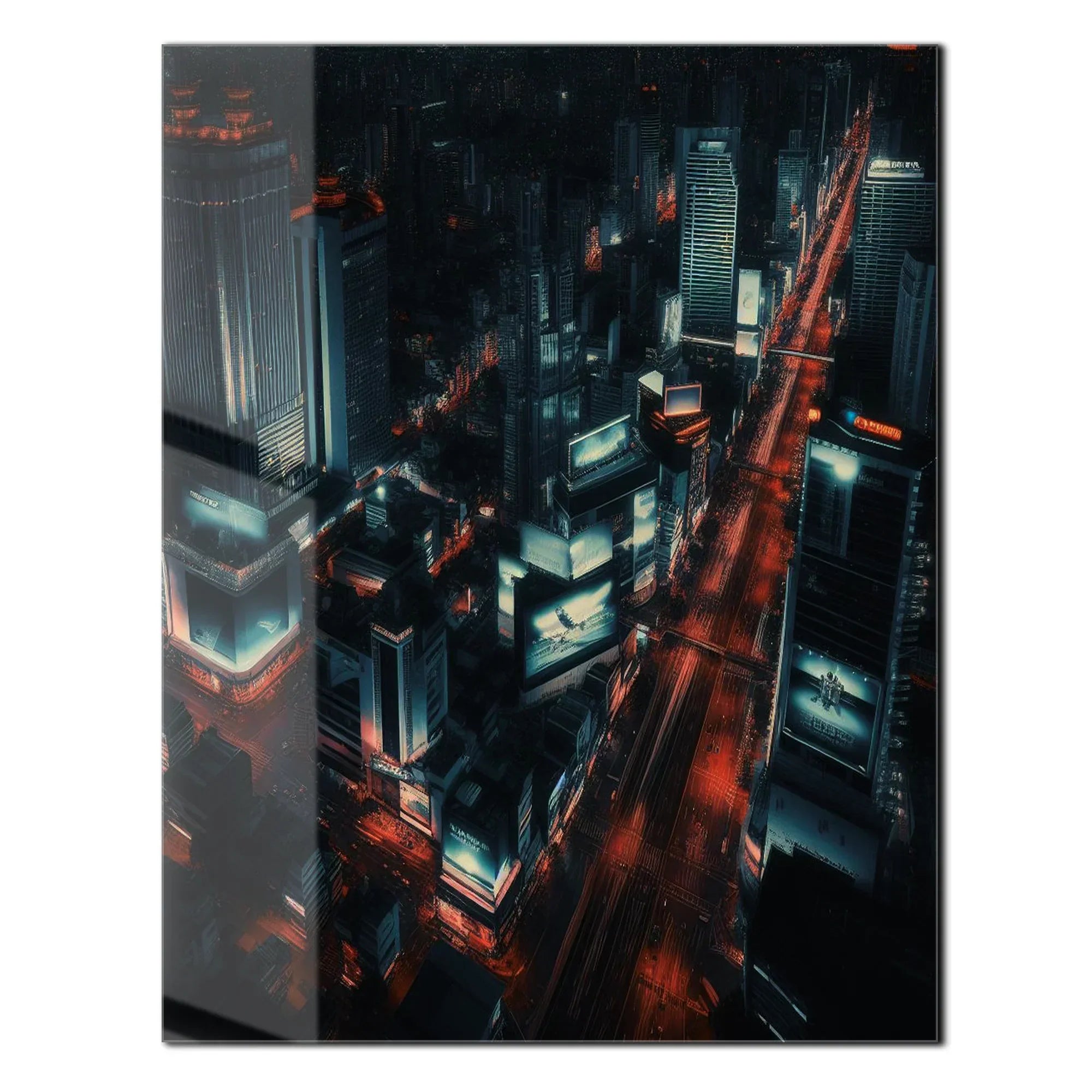 Cyberpunk Cityscape Glass Wall Art – Neon Lit Futuristic Skyline UV Print-KAFCD031 Peony Atelier