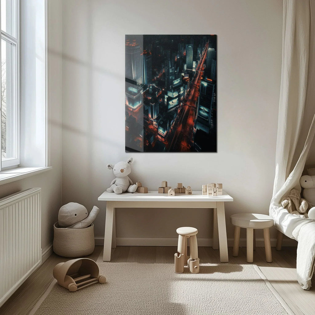 Cyberpunk Cityscape Glass Wall Art – Neon Lit Futuristic Skyline UV Print-KAFCD031 Peony Atelier