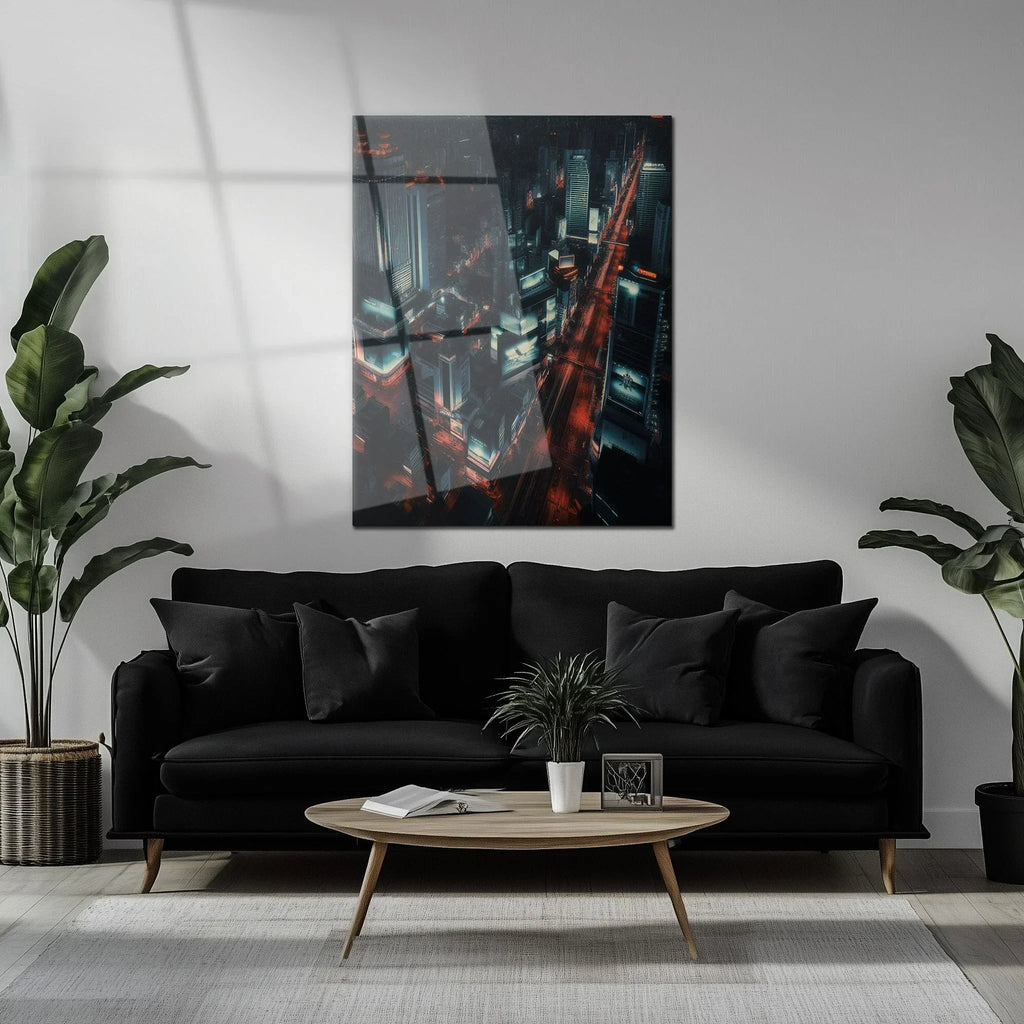 Cyberpunk Cityscape Glass Wall Art – Neon Lit Futuristic Skyline UV Print-KAFCD031 Peony Atelier