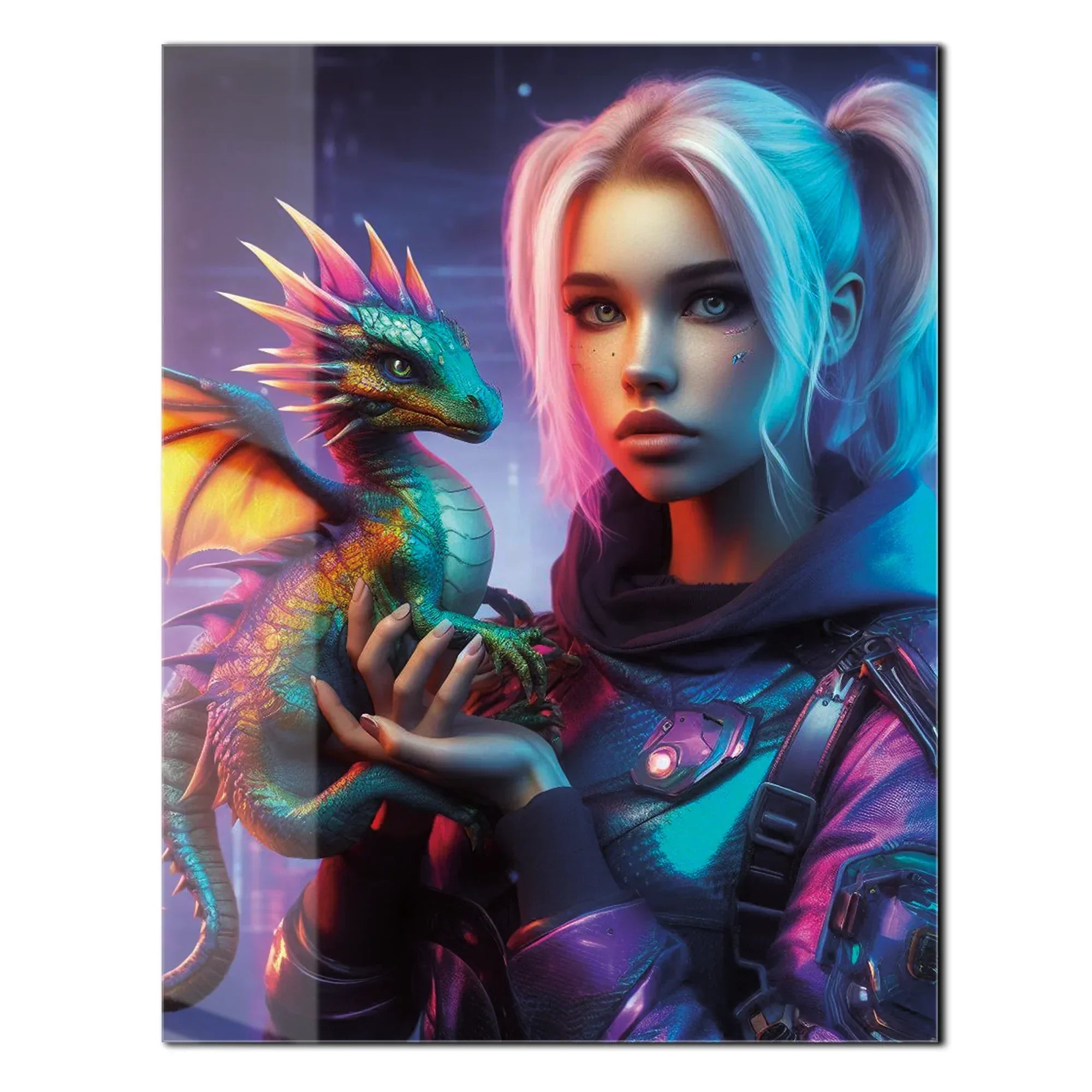 Cyberpunk Girl and Dragon Glass Wall Art – Neon Fantasy Sci-Fi Character Design-KAFCD008 Peony Atelier