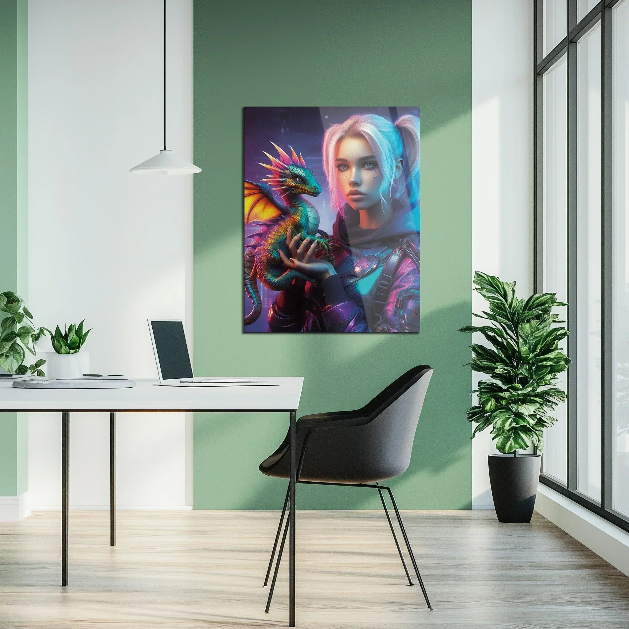 Cyberpunk Girl and Dragon Glass Wall Art – Neon Fantasy Sci-Fi Character Design-KAFCD008 Peony Atelier