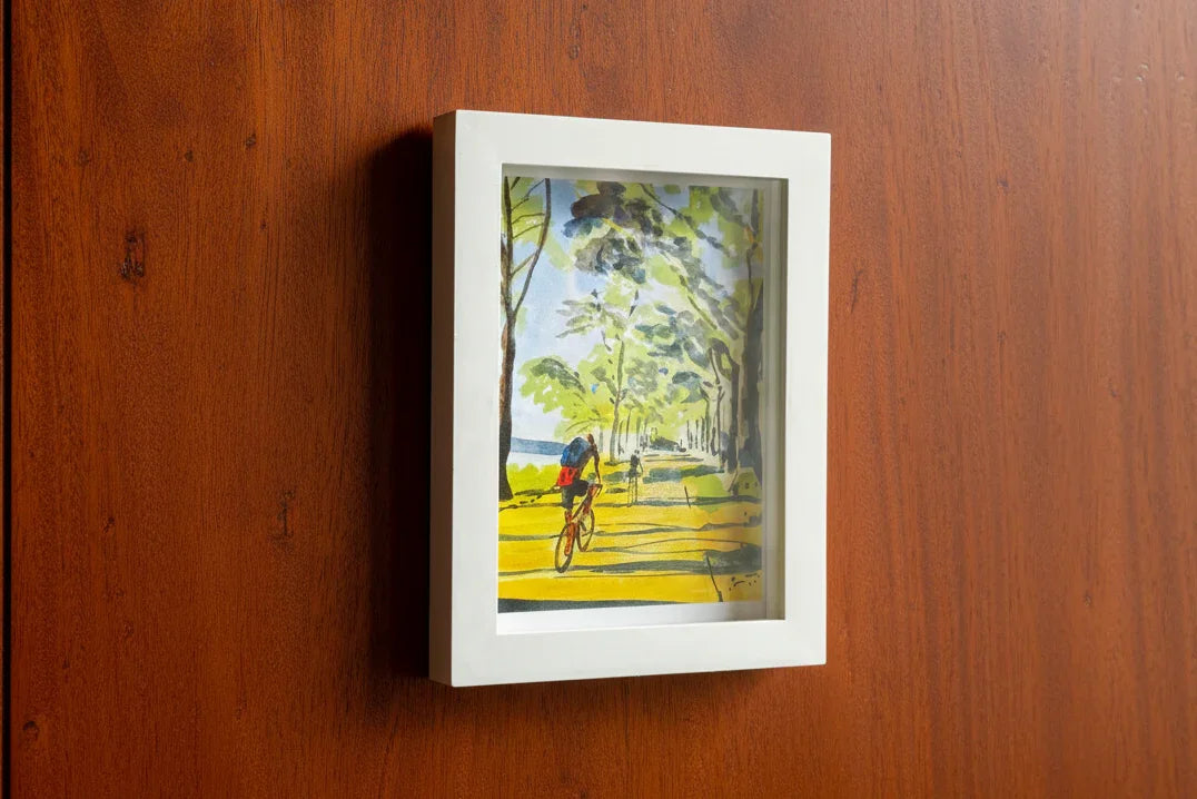 Biking in the Light, Hudson River, bikers, watercolor painting