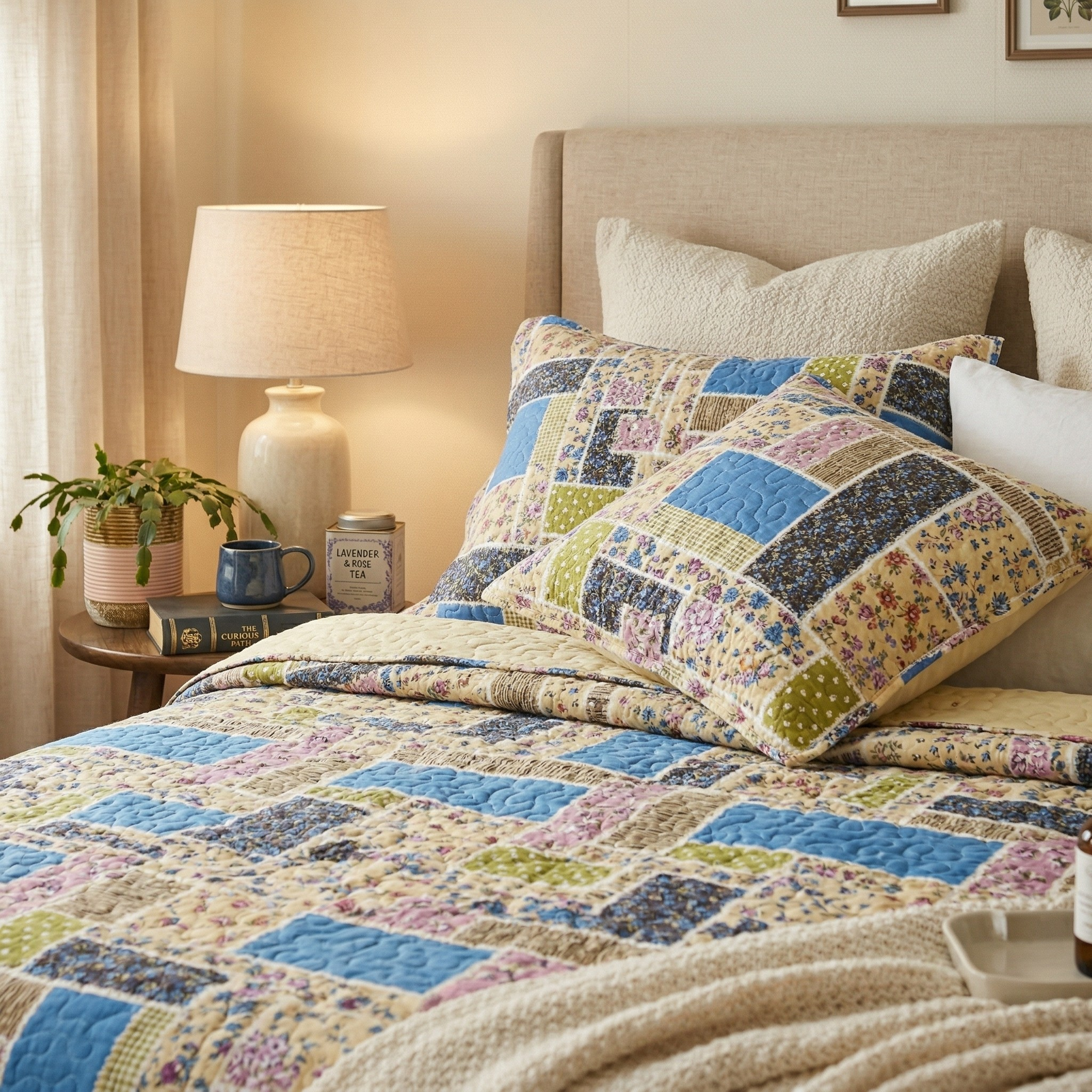 DaDa Bedding Cottage Blue Ivory Yellow Floral Scalloped Cotton Patchwork Quilted Bedspread Set (DXJ103269-1)