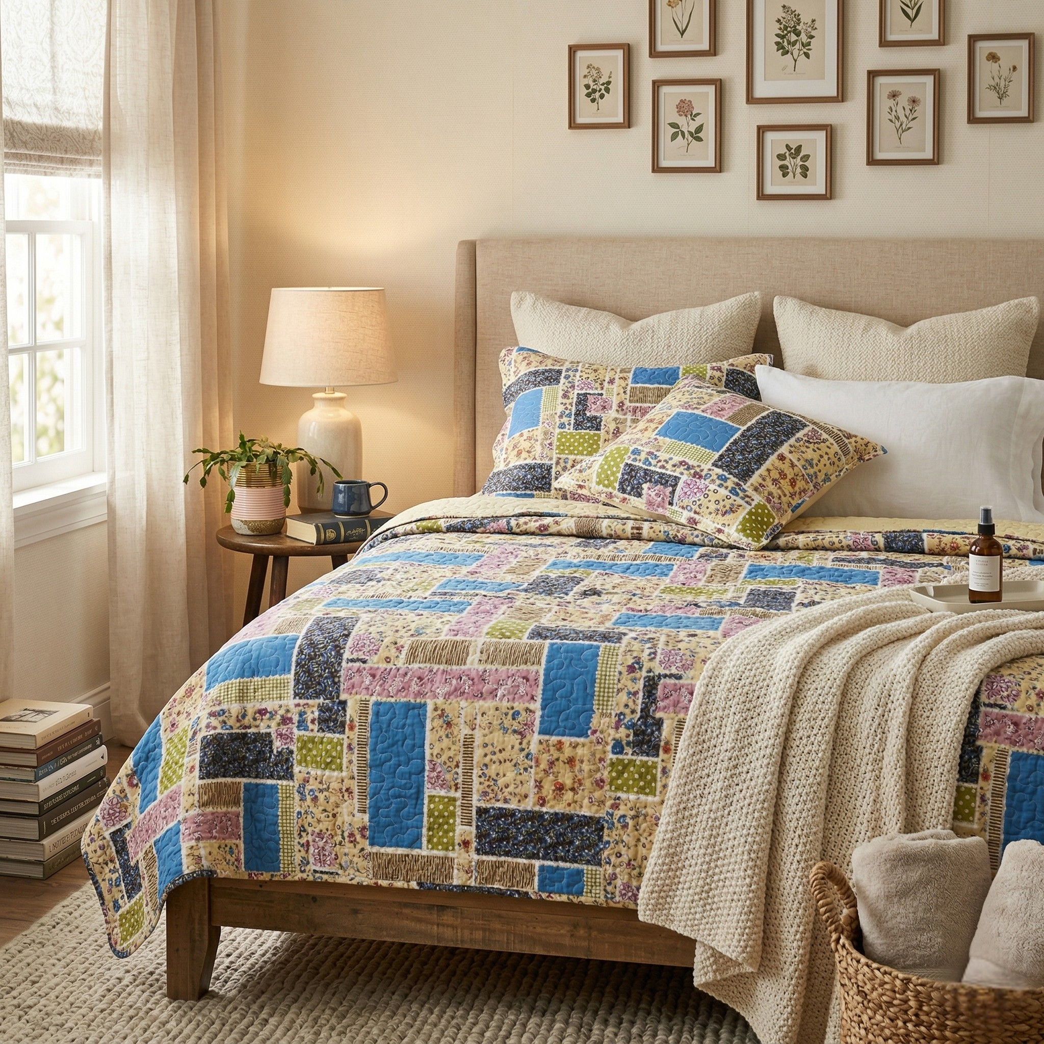 DaDa Bedding Cottage Blue Ivory Yellow Floral Scalloped Cotton Patchwork Quilted Bedspread Set (DXJ103269-1)