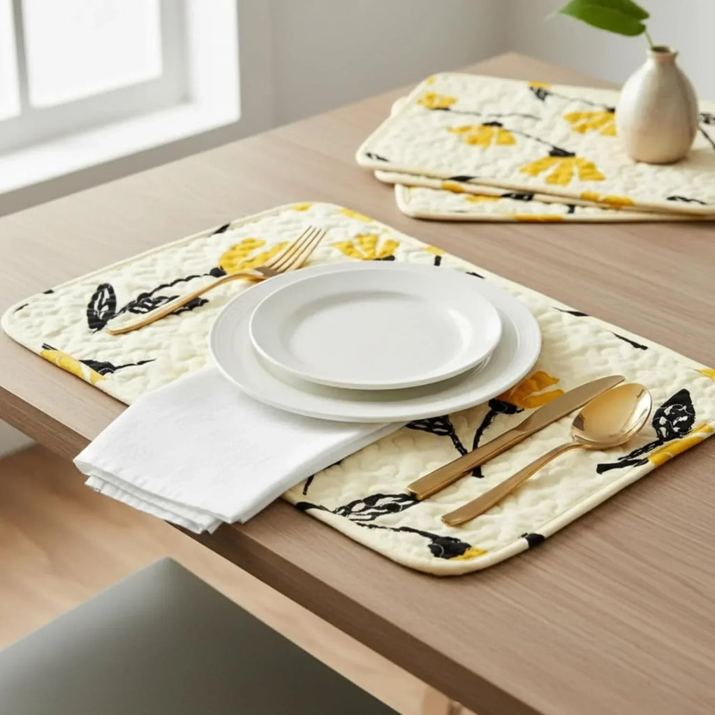 DaDa Bedding Botanical Floral Dining Table Placemats - Set of 4-Pieces Quilted Ivory with Yellow Fleur Golden Orange Spring Time Tulips - 13 x 19