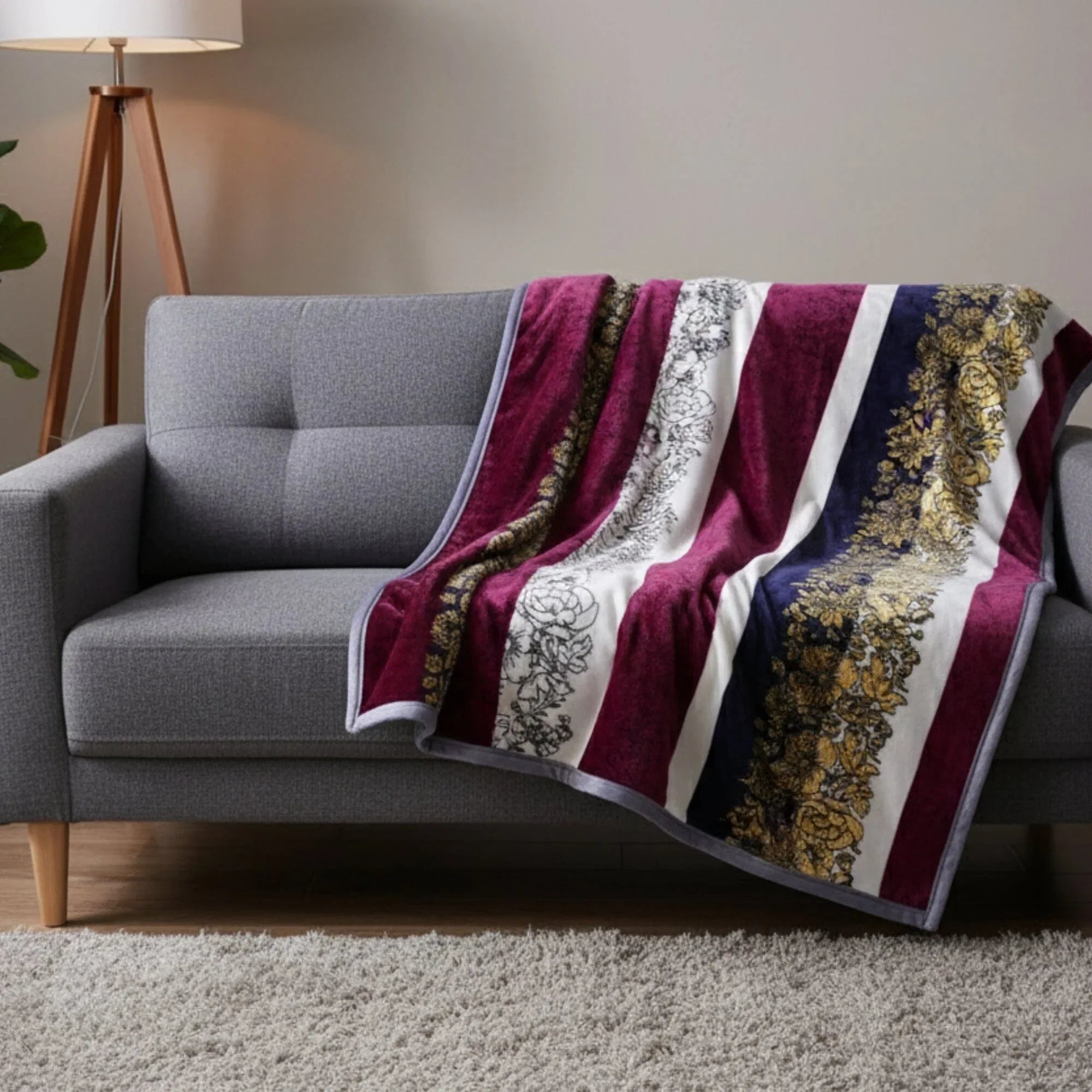 DaDa Bedding Botanical Floral Striped Carnations Mink Flannel Fleece Throw Blanket (XY9829) DaDalogy Bedding Collection
