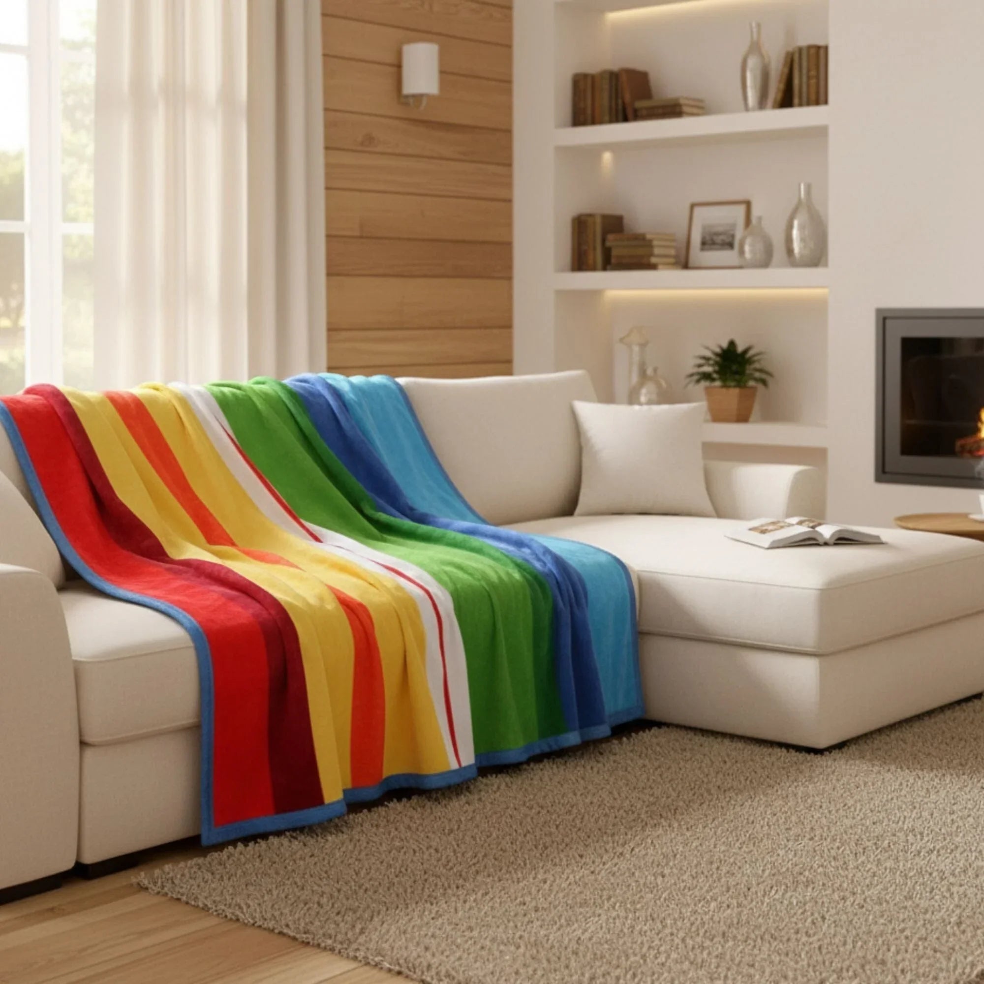 DaDa Bedding Colorful Striped Rainbow Reversible Plush Luxe Flannel Fleece Throw Blanket (XY9867) DaDalogy Bedding Collection
