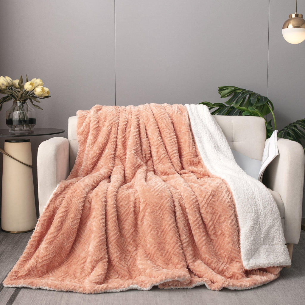 DaDa Bedding Coral Peach Rose Faux Fur Throw Blanket - Dreamy Geometric Embossed Sherpa Backside - Super Soft Warm Cozy Plush Fluffy DaDalogy Bedding Collection