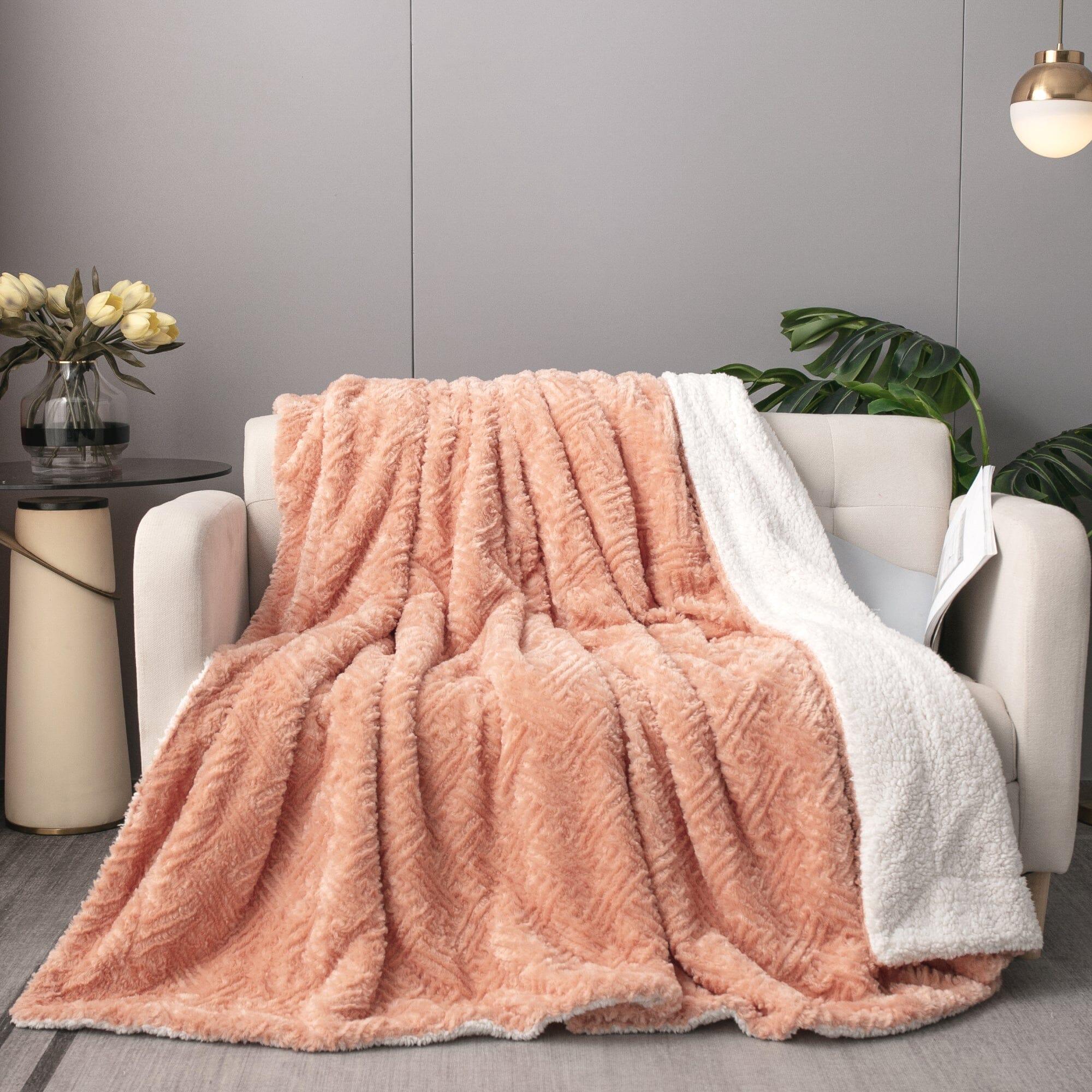 DaDa Bedding Coral Peach Rose Faux Fur Throw Blanket - Dreamy Geometric Embossed Sherpa Backside - Super Soft Warm Cozy Plush Fluffy DaDalogy Bedding Collection
