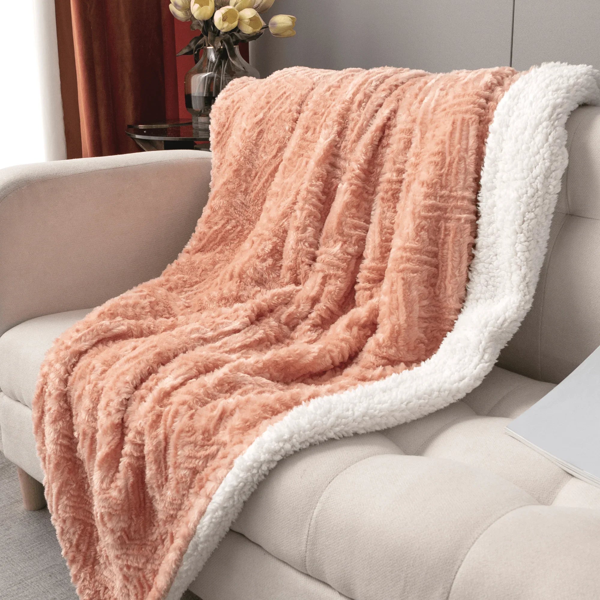 DaDa Bedding Coral Peach Rose Faux Fur Throw Blanket - Dreamy Geometric Embossed Sherpa Backside - Super Soft Warm Cozy Plush Fluffy DaDalogy Bedding Collection