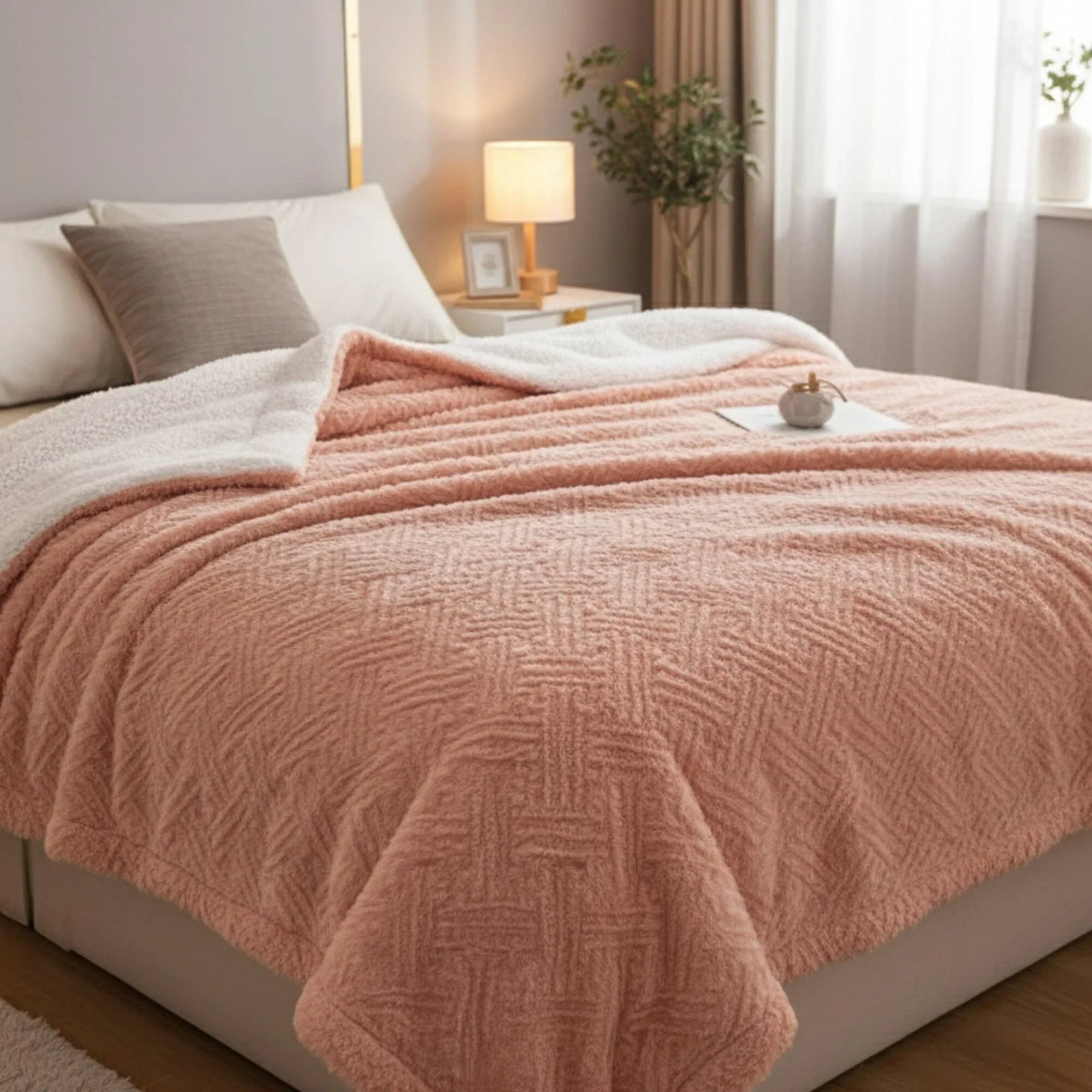 DaDa Bedding Coral Peach Rose Faux Fur Throw Blanket - Dreamy Geometric Embossed Sherpa Backside - Super Soft Warm Cozy Plush Fluffy DaDalogy Bedding Collection