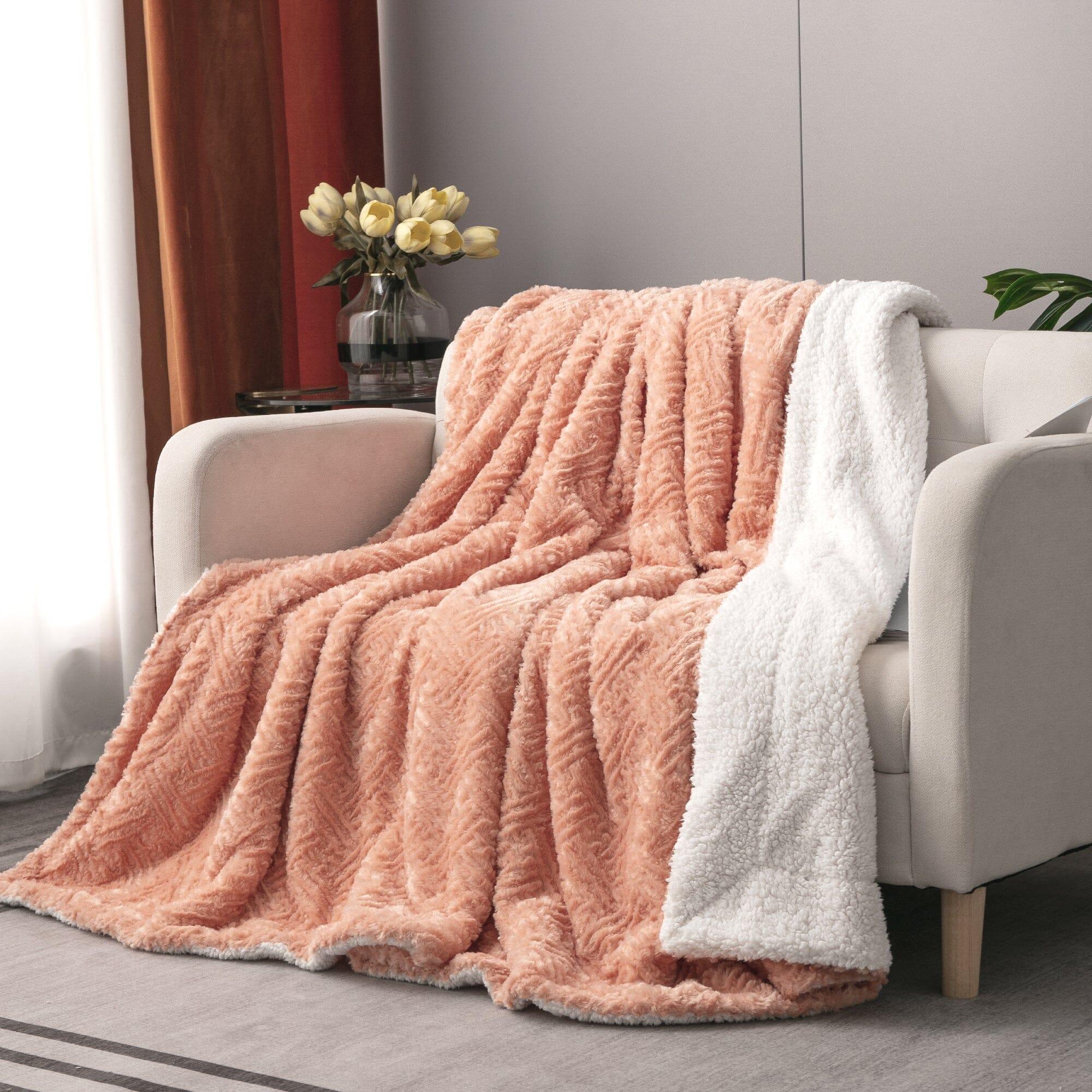 DaDa Bedding Coral Peach Rose Faux Fur Throw Blanket - Dreamy Geometric Embossed Sherpa Backside - Super Soft Warm Cozy Plush Fluffy DaDalogy Bedding Collection