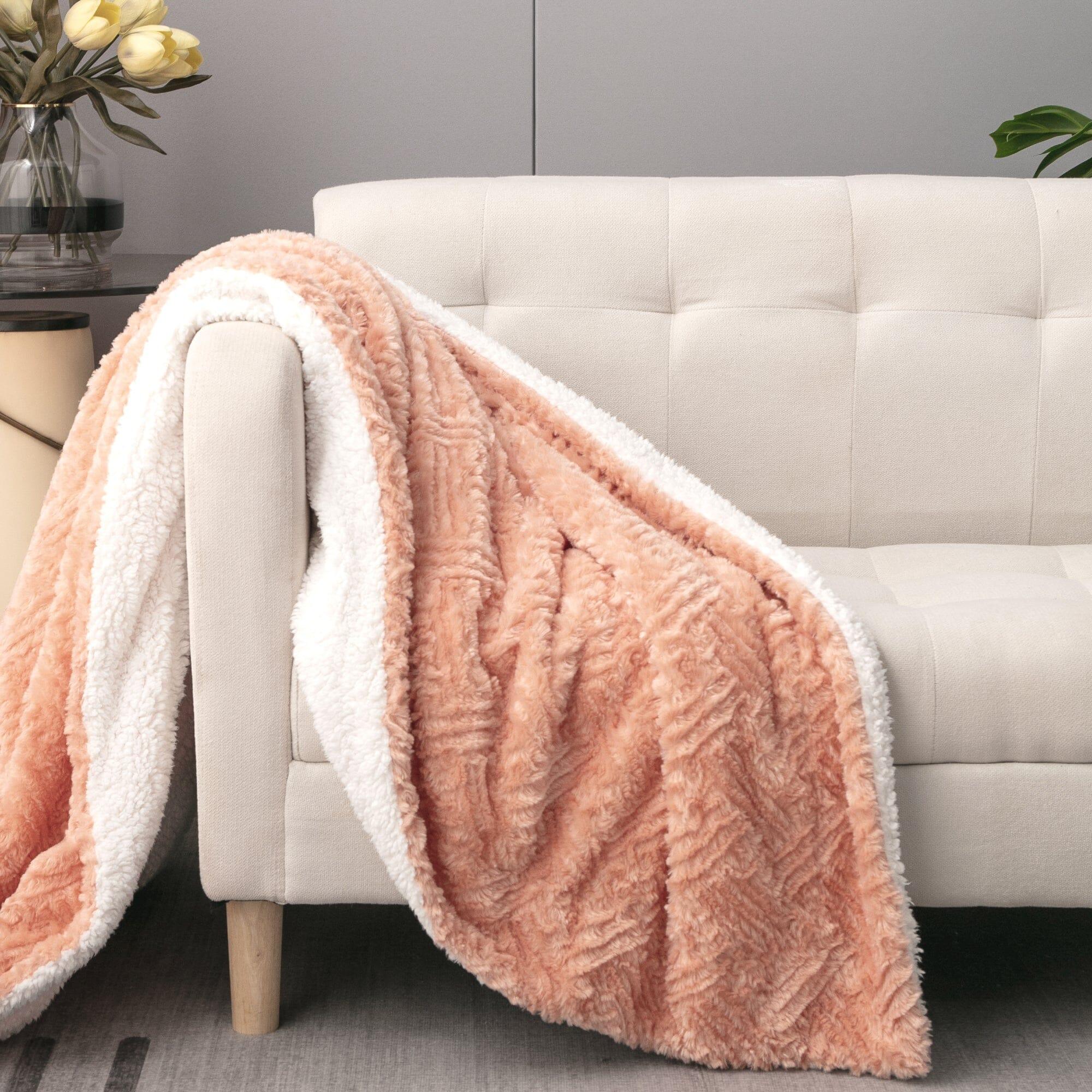 DaDa Bedding Coral Peach Rose Faux Fur Throw Blanket - Dreamy Geometric Embossed Sherpa Backside - Super Soft Warm Cozy Plush Fluffy DaDalogy Bedding Collection