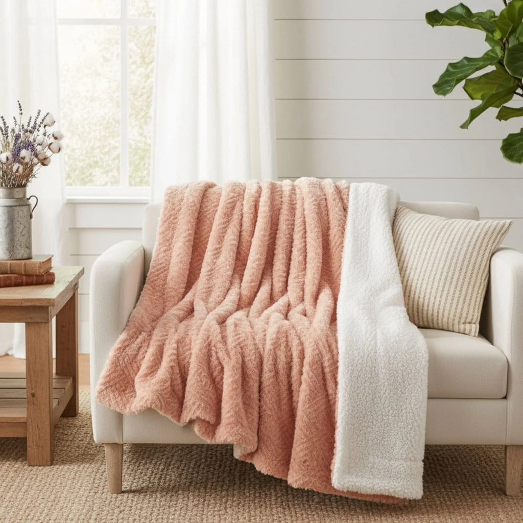 DaDa Bedding Coral Peach Rose Faux Fur Throw Blanket - Dreamy Geometric Embossed Sherpa Backside - Super Soft Warm Cozy Plush Fluffy DaDalogy Bedding Collection