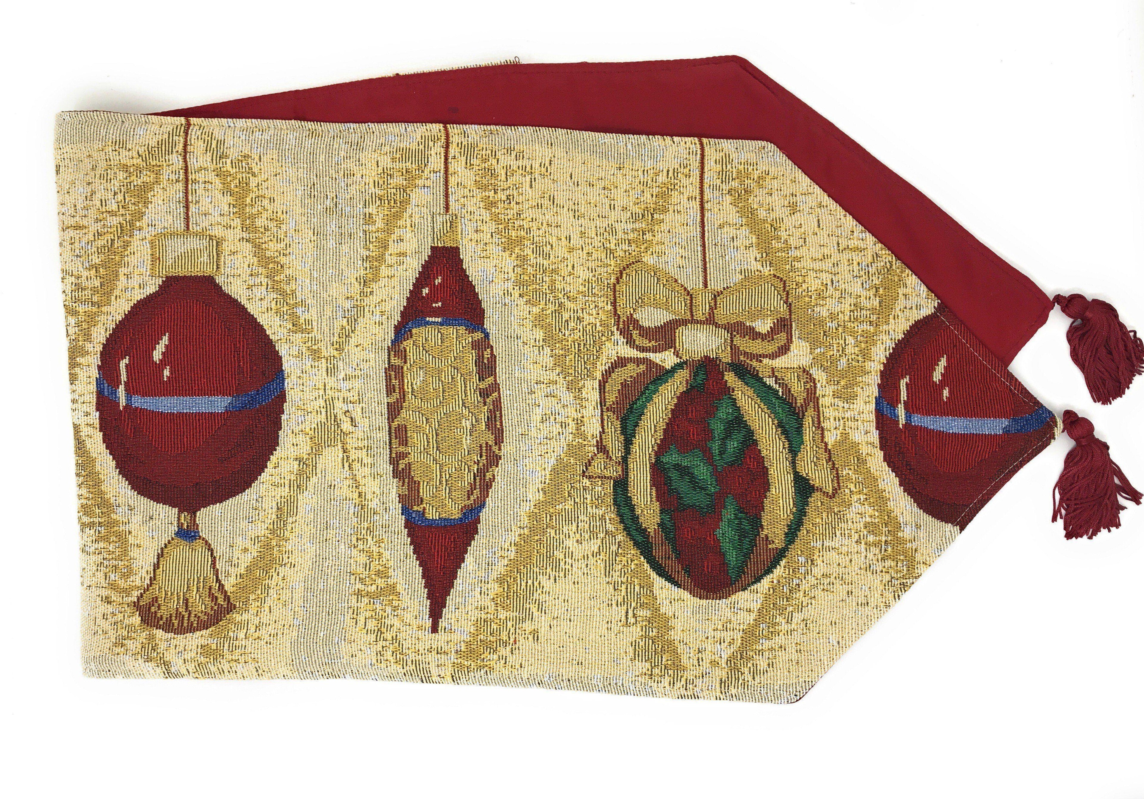 DaDa Bedding Elegant Christmas Ornaments Gold Red Tapestry Dining Table Runner (6139) DaDalogy Bedding Collection