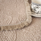 DaDa Bedding Elegant Fringed Cotton Quilted Throw Blanket - Luxurious Solid Soft Paisley Pattern, Cozy Lightweight Lap Throw, Perfect for Couch or Bed, Neutral Sandy Taupe Tan Beige, 50x60 Inches DaDalogy Bedding Collection