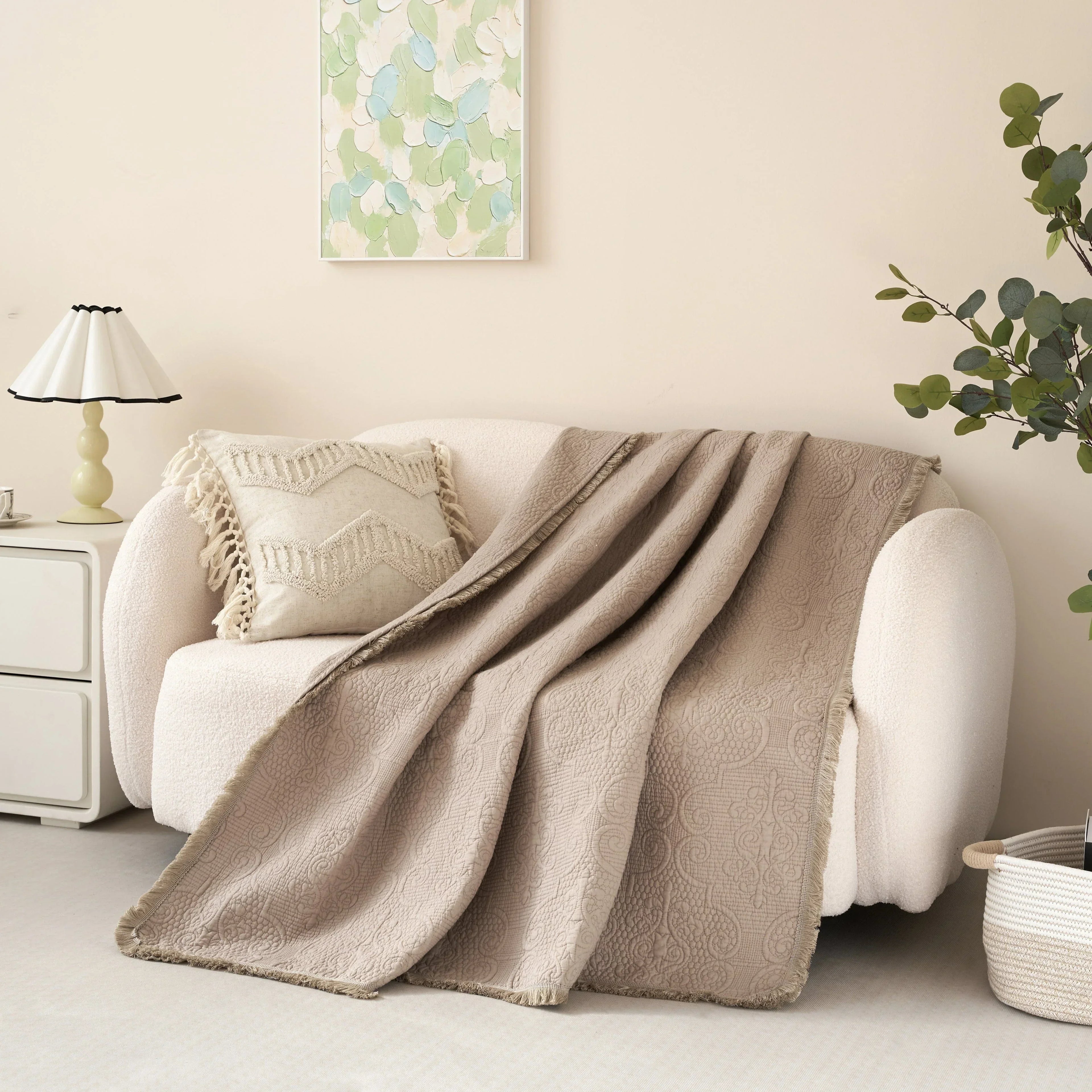 DaDa Bedding Elegant Fringed Cotton Quilted Throw Blanket - Luxurious Solid Soft Paisley Pattern, Cozy Lightweight Lap Throw, Perfect for Couch or Bed, Neutral Sandy Taupe Tan Beige, 50x60 Inches DaDalogy Bedding Collection