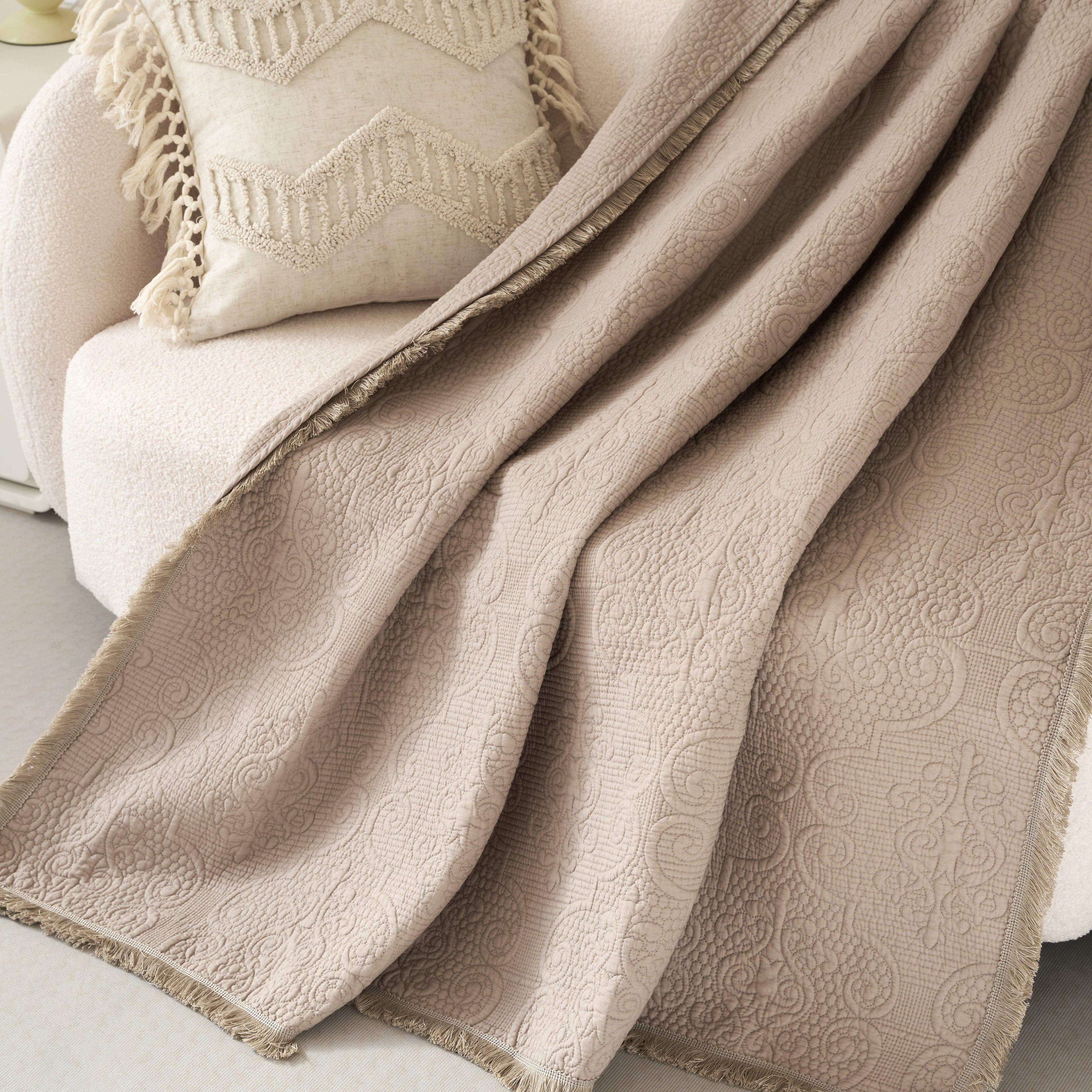 DaDa Bedding Elegant Fringed Cotton Quilted Throw Blanket - Luxurious Solid Soft Paisley Pattern, Cozy Lightweight Lap Throw, Perfect for Couch or Bed, Neutral Sandy Taupe Tan Beige, 50x60 Inches DaDalogy Bedding Collection