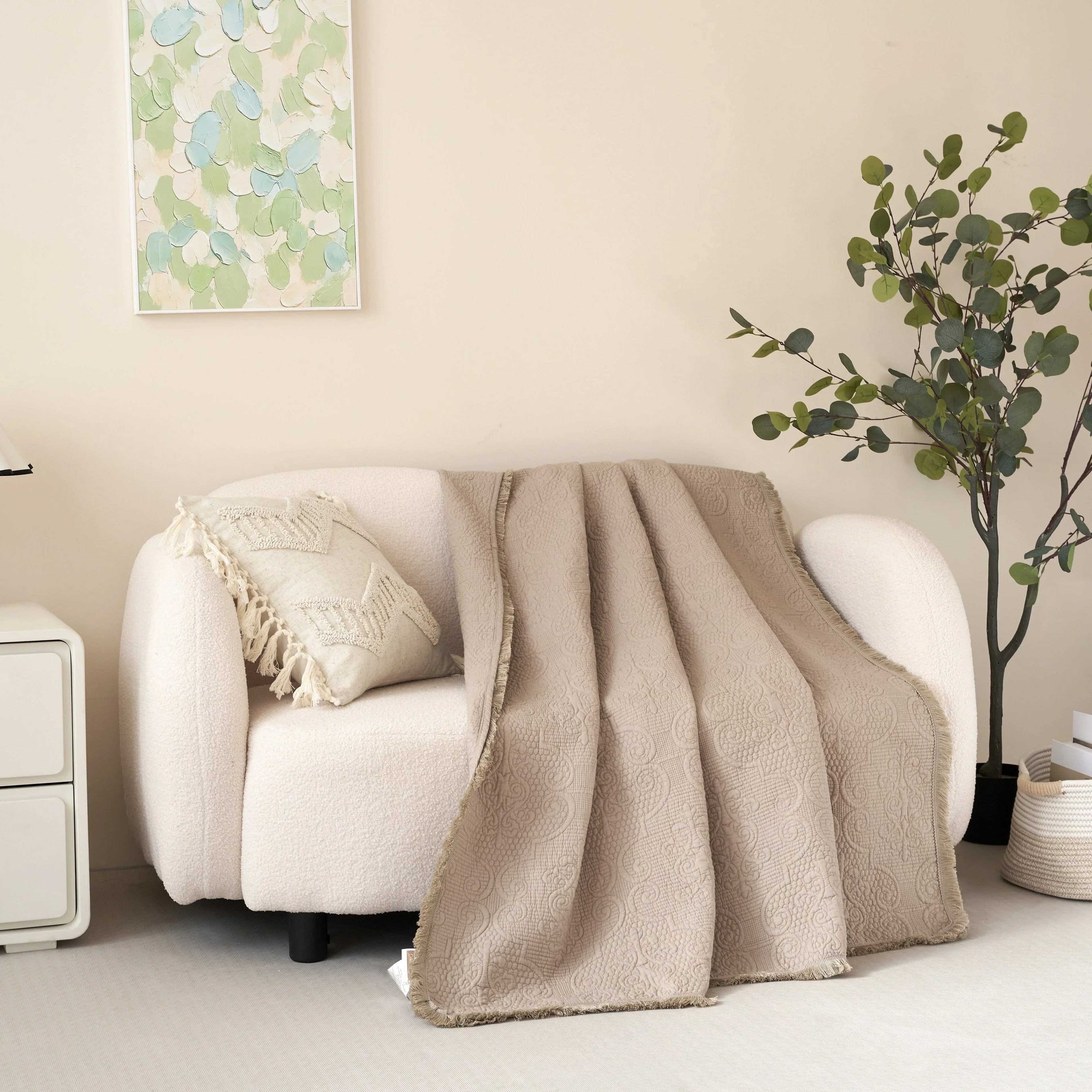 DaDa Bedding Elegant Fringed Cotton Quilted Throw Blanket - Luxurious Solid Soft Paisley Pattern, Cozy Lightweight Lap Throw, Perfect for Couch or Bed, Neutral Sandy Taupe Tan Beige, 50x60 Inches DaDalogy Bedding Collection