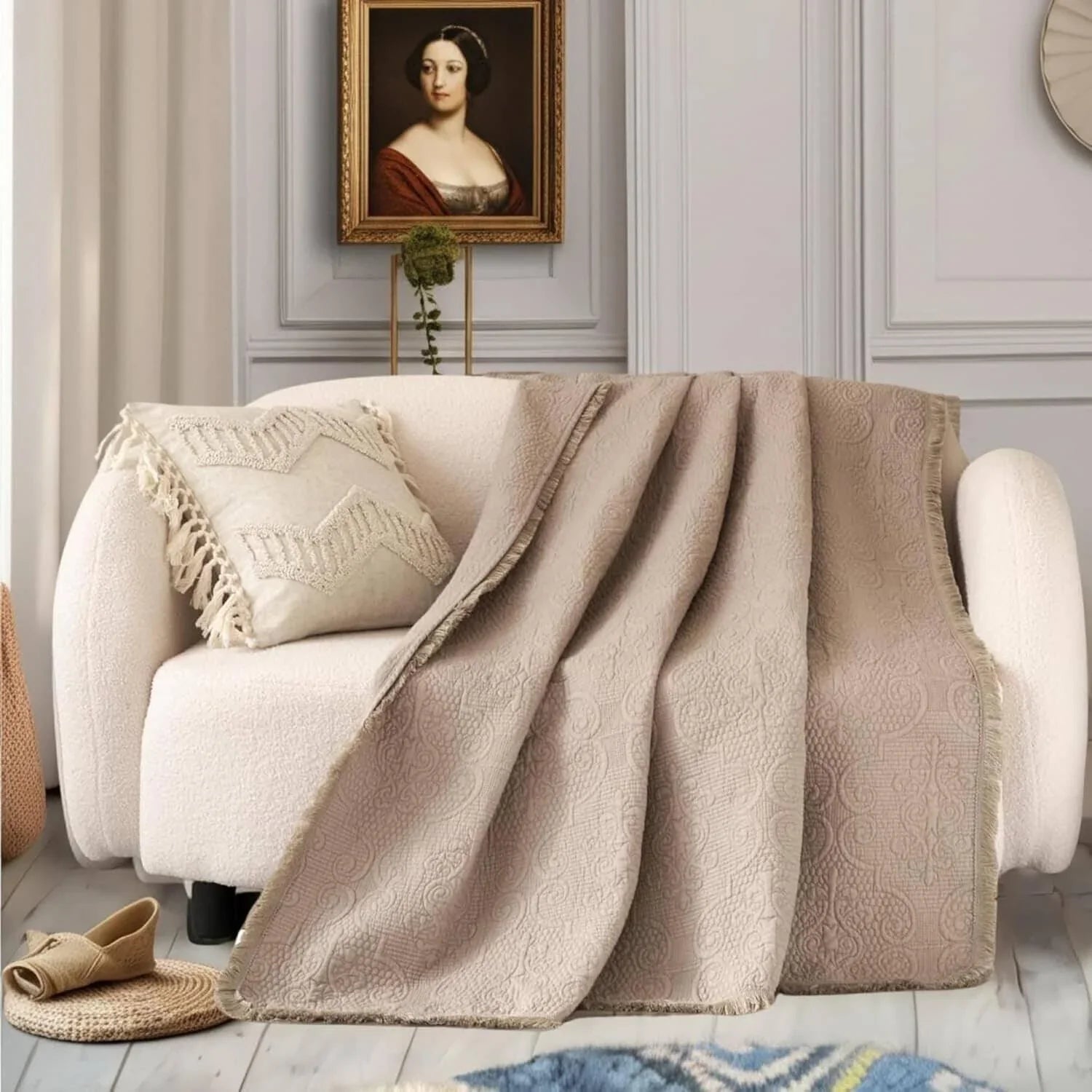 DaDa Bedding Elegant Fringed Cotton Quilted Throw Blanket - Luxurious Solid Soft Paisley Pattern, Cozy Lightweight Lap Throw, Perfect for Couch or Bed, Neutral Sandy Taupe Tan Beige, 50x60 Inches DaDalogy Bedding Collection