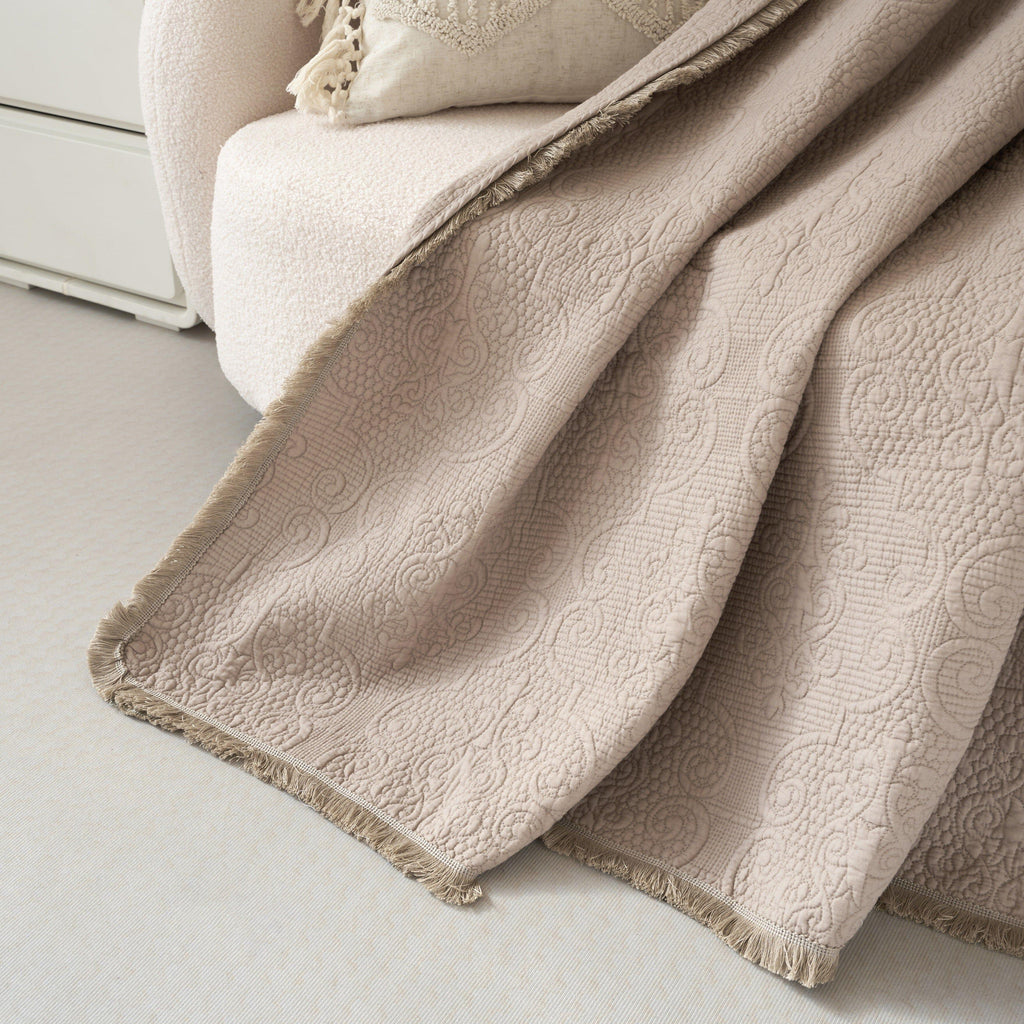 DaDa Bedding Elegant Fringed Cotton Quilted Throw Blanket - Luxurious Solid Soft Paisley Pattern, Cozy Lightweight Lap Throw, Perfect for Couch or Bed, Neutral Sandy Taupe Tan Beige, 50x60 Inches DaDalogy Bedding Collection