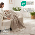 DaDa Bedding Elegant Fringed Cotton Quilted Throw Blanket - Luxurious Solid Soft Paisley Pattern, Cozy Lightweight Lap Throw, Perfect for Couch or Bed, Neutral Sandy Taupe Tan Beige, 50x60 Inches DaDalogy Bedding Collection