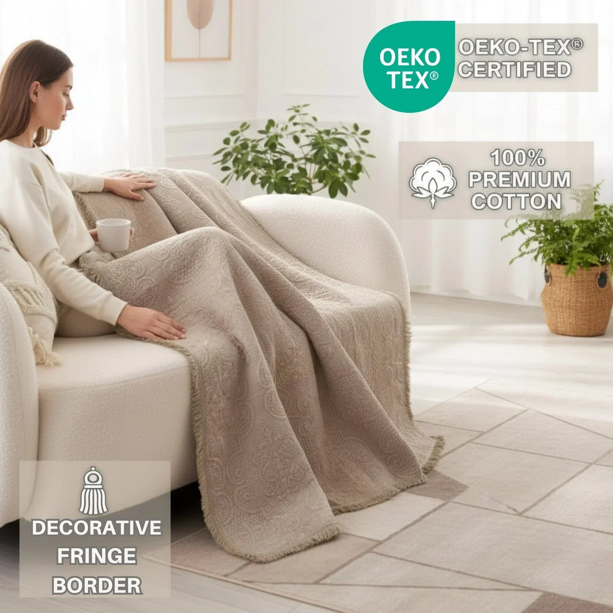 DaDa Bedding Elegant Fringed Cotton Quilted Throw Blanket - Luxurious Solid Soft Paisley Pattern, Cozy Lightweight Lap Throw, Perfect for Couch or Bed, Neutral Sandy Taupe Tan Beige, 50x60 Inches DaDalogy Bedding Collection