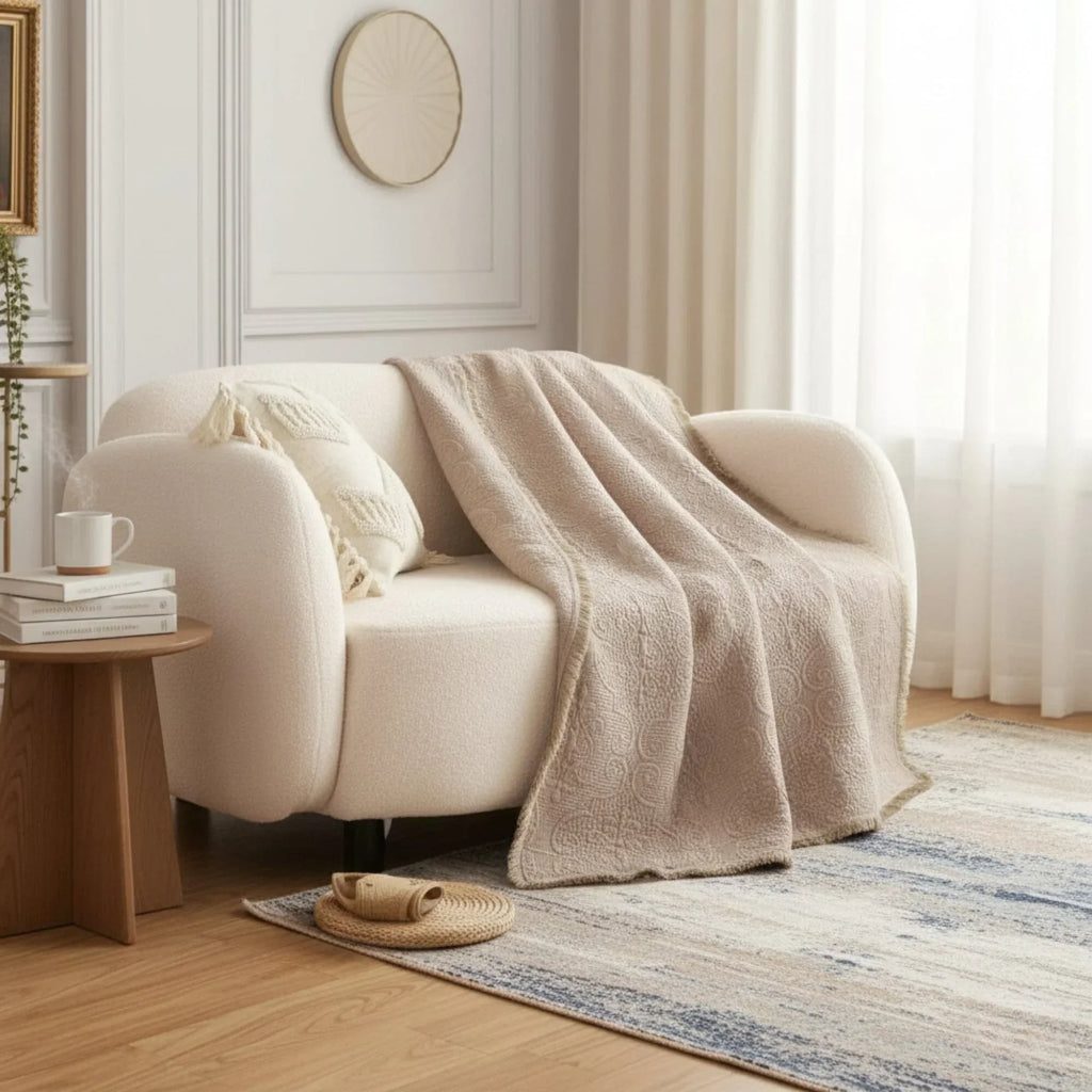 DaDa Bedding Elegant Fringed Cotton Quilted Throw Blanket - Luxurious Solid Soft Paisley Pattern, Cozy Lightweight Lap Throw, Perfect for Couch or Bed, Neutral Sandy Taupe Tan Beige, 50x60 Inches DaDalogy Bedding Collection