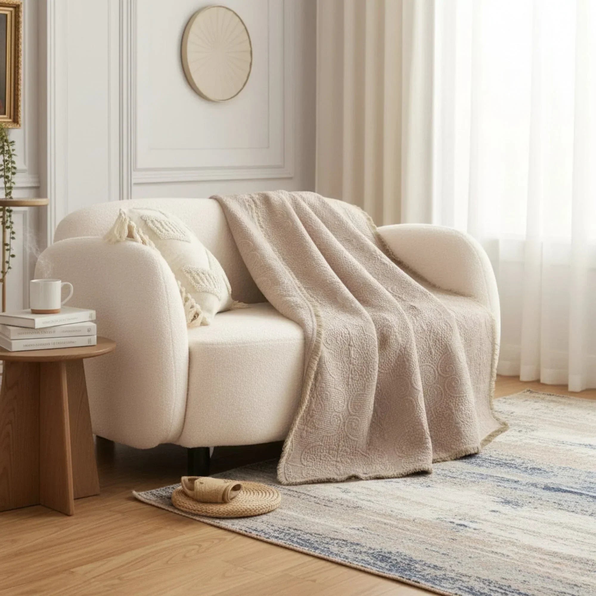 DaDa Bedding Elegant Fringed Cotton Quilted Throw Blanket - Luxurious Solid Soft Paisley Pattern, Cozy Lightweight Lap Throw, Perfect for Couch or Bed, Neutral Sandy Taupe Tan Beige, 50x60 Inches DaDalogy Bedding Collection
