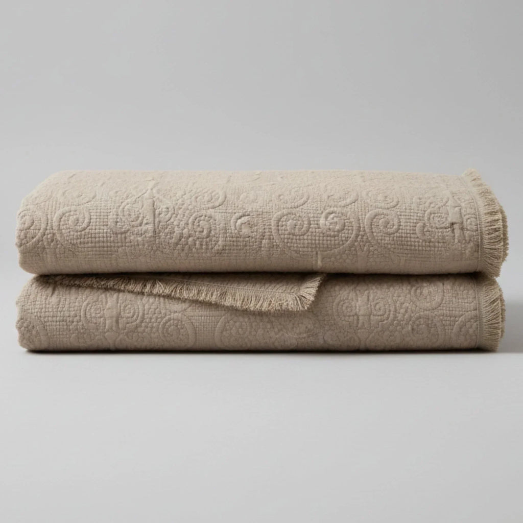 DaDa Bedding Elegant Fringed Cotton Quilted Throw Blanket - Luxurious Solid Soft Paisley Pattern, Cozy Lightweight Lap Throw, Perfect for Couch or Bed, Neutral Sandy Taupe Tan Beige, 50x60 Inches DaDalogy Bedding Collection