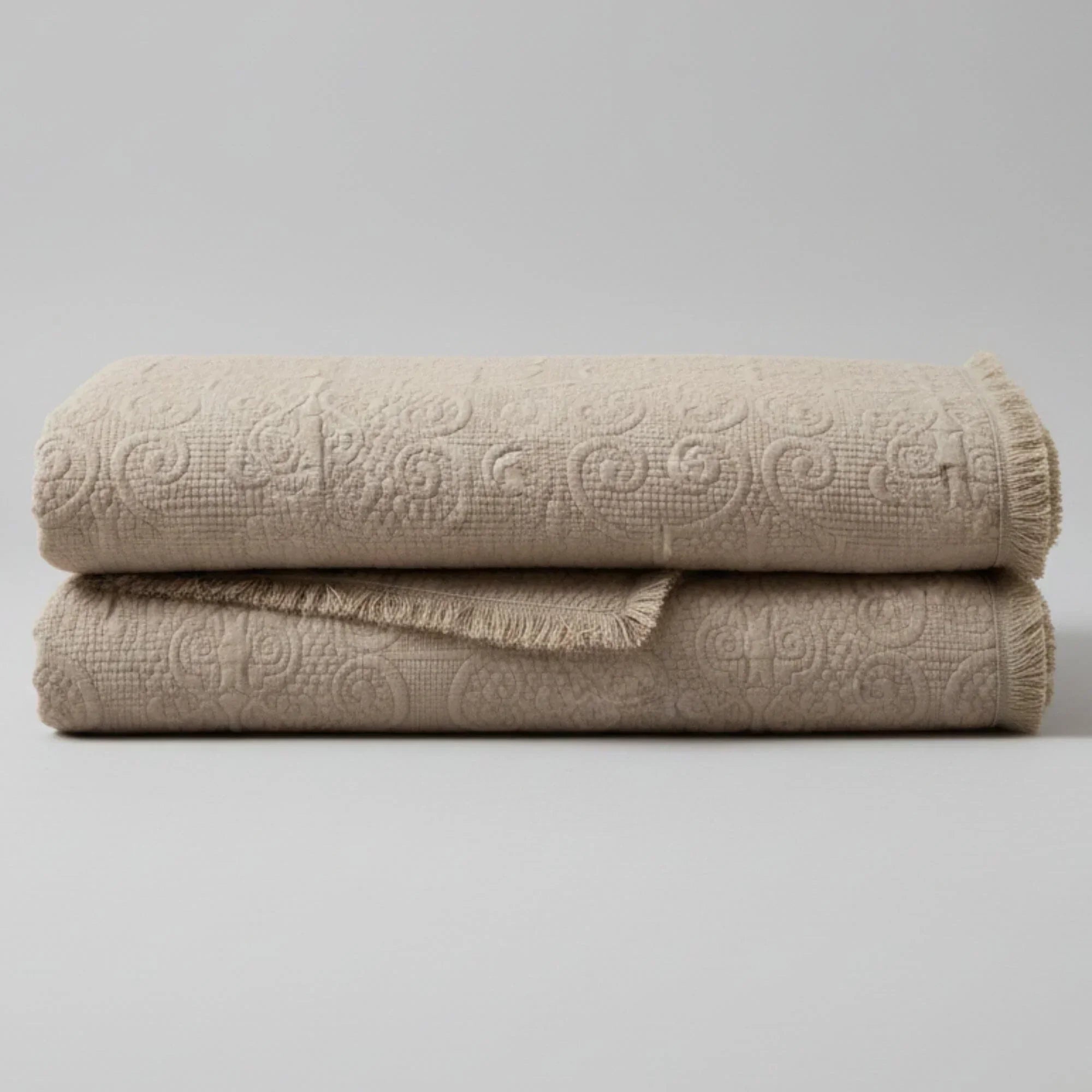DaDa Bedding Elegant Fringed Cotton Quilted Throw Blanket - Luxurious Solid Soft Paisley Pattern, Cozy Lightweight Lap Throw, Perfect for Couch or Bed, Neutral Sandy Taupe Tan Beige, 50x60 Inches DaDalogy Bedding Collection