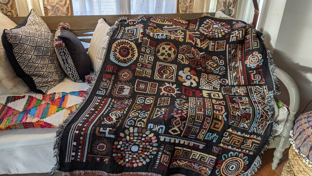 DaDa Bedding Elegant Tapestry Throw Blanket, Ethnic Ornaments Geometric Black - 50” x 60” (7174) DaDalogy Bedding Collection
