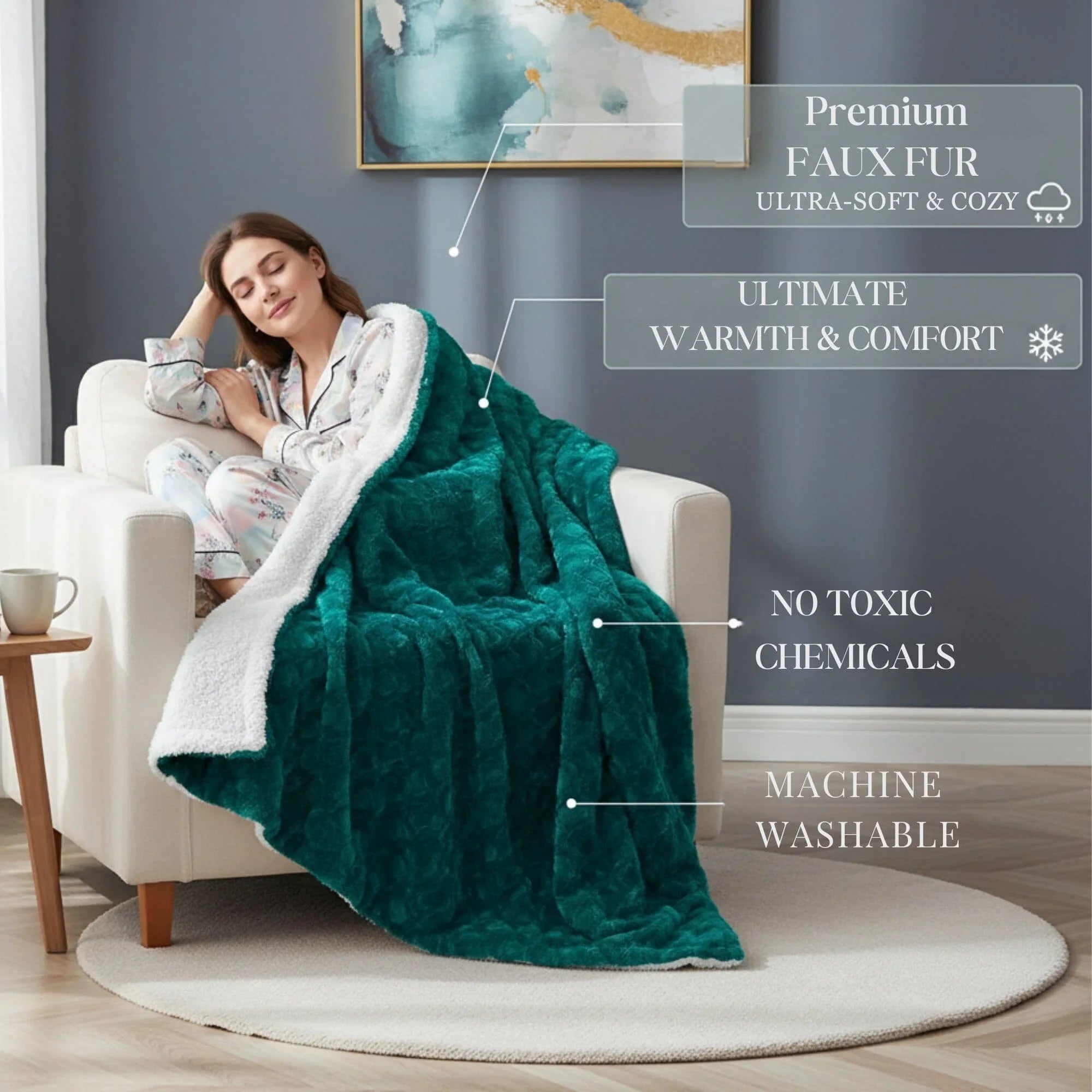 DaDa Bedding Emerald Green Blue Faux Fur Sherpa Throw Blanket