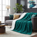 DaDa Bedding Emerald Green Blue Faux Fur Sherpa Throw Blanket