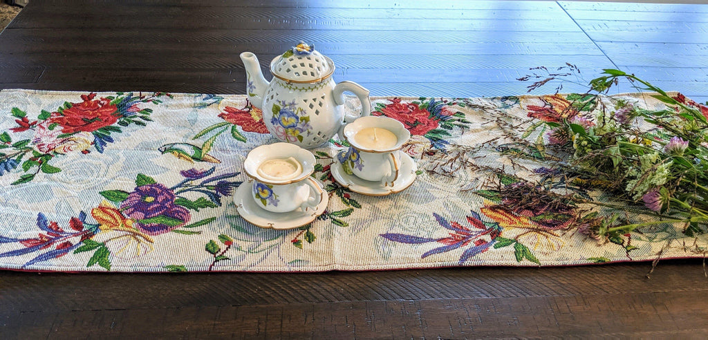 DaDa Bedding Floral Roses Tropical Paradise Birds Woven Tapestry Dining Table Runner (18116) DaDalogy Bedding Collection