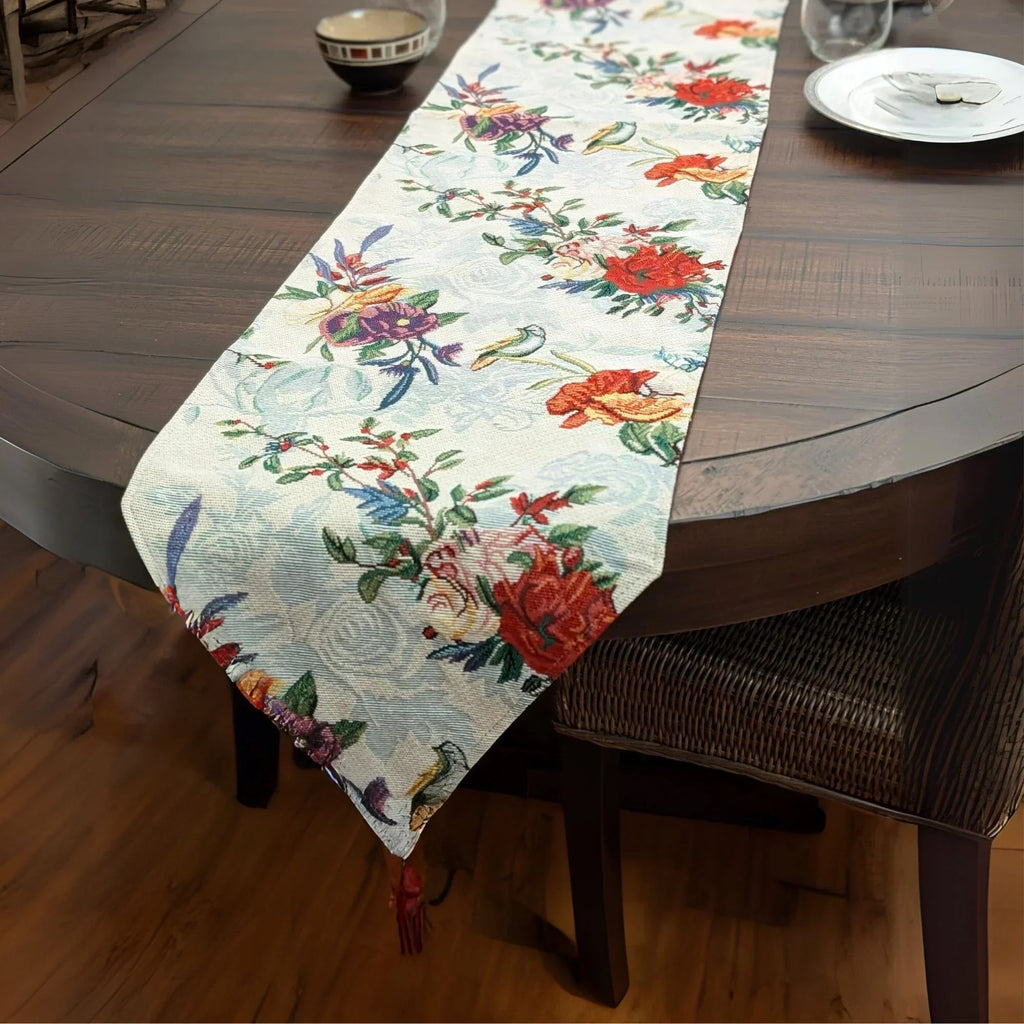 DaDa Bedding Floral Roses Tropical Paradise Birds Woven Tapestry Dining Table Runner (18116) DaDalogy Bedding Collection