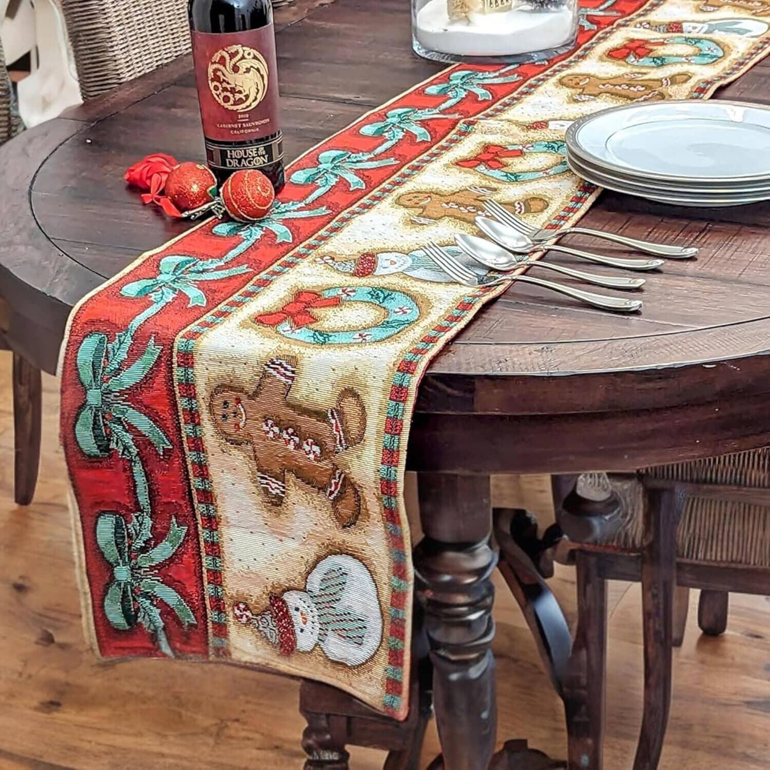 DaDa Bedding Gingerbread Snowman Holiday Woven Tapestry Dining Table Runner (12917) DaDalogy Bedding Collection