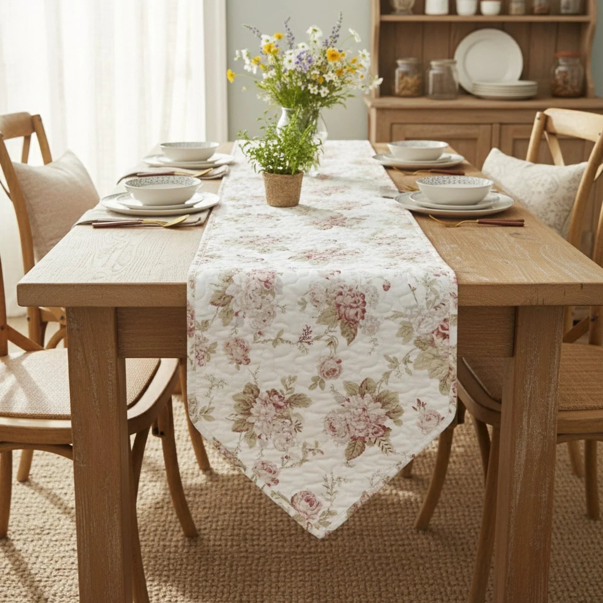 DaDa Bedding Hint of Mint Cottage Floral Roses Quilted Cotton Dining Table Runner (3036) DaDalogy Bedding Collection