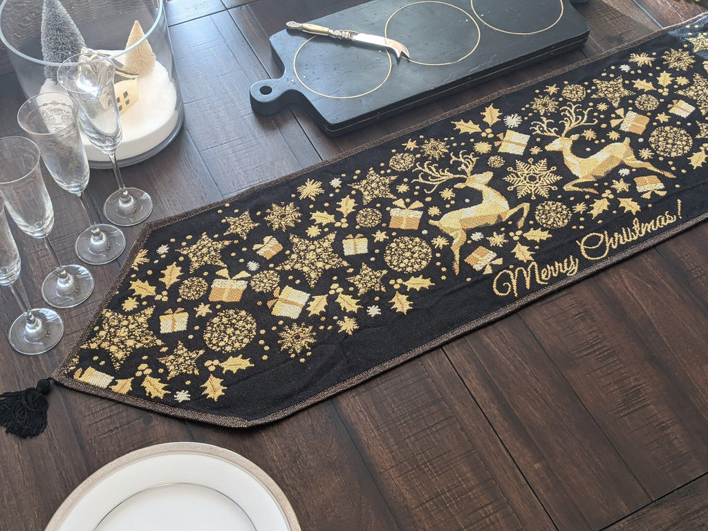DaDa Bedding Magical Golden Reindeer Woven Tapestry Dining Table Runner (18272) DaDalogy Bedding Collection