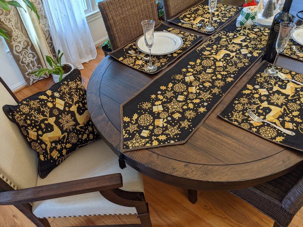 DaDa Bedding Magical Golden Reindeer Woven Tapestry Dining Table Runner (18272) DaDalogy Bedding Collection